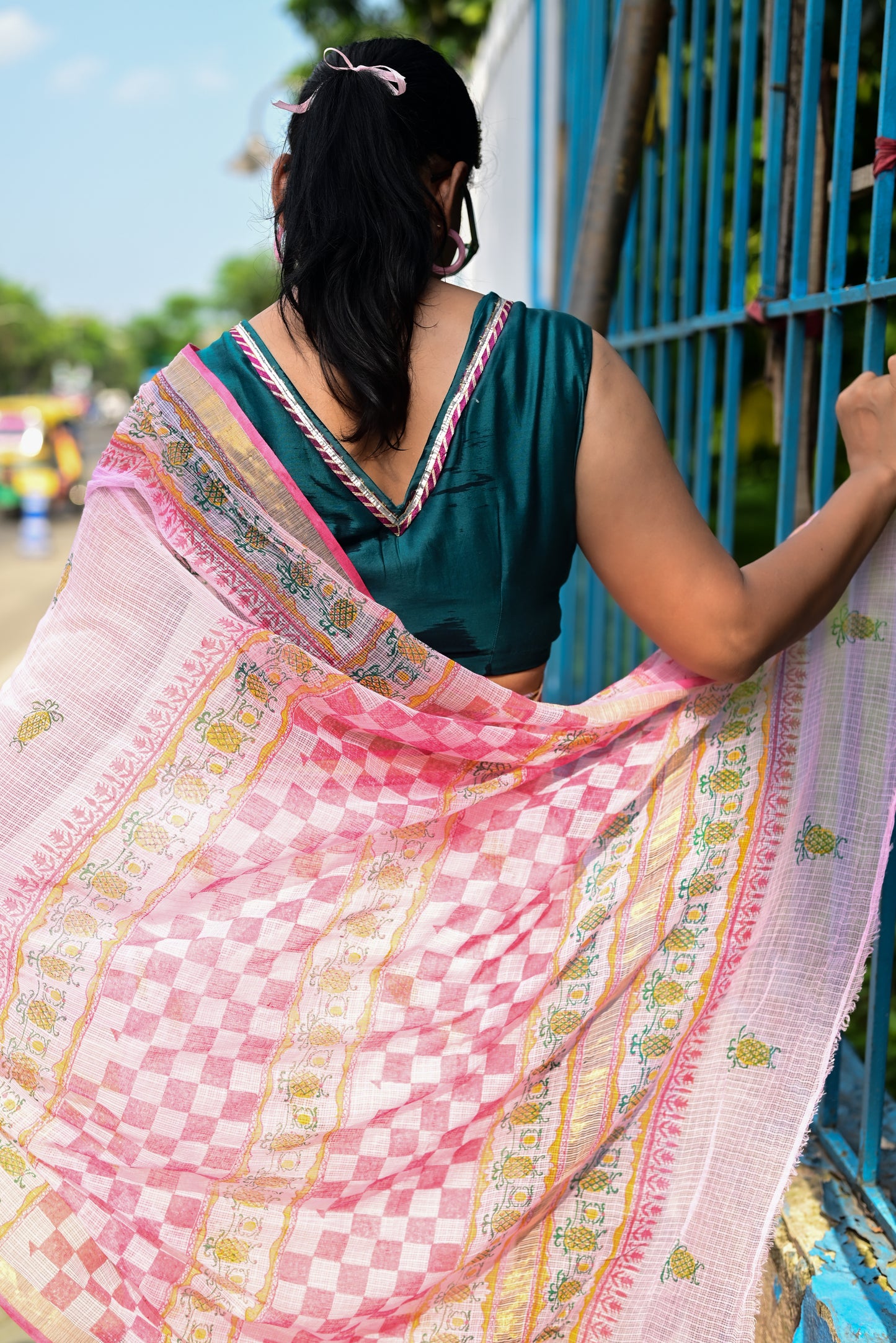 Pink Pineapple Print Kota Cotton Saree