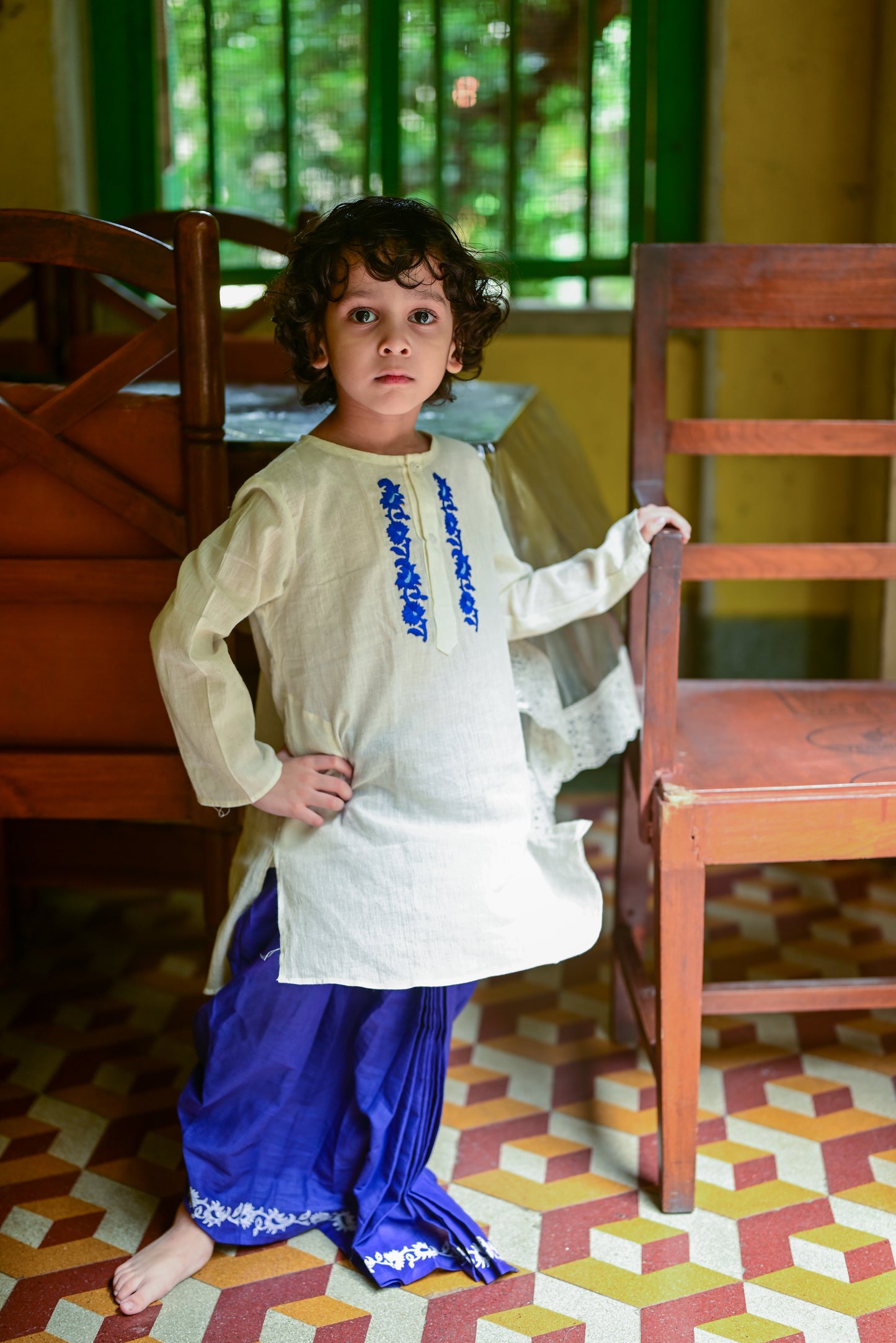 SABEKI EMBROIDERED KIDS KURTA- BLUE DHUTI SET
