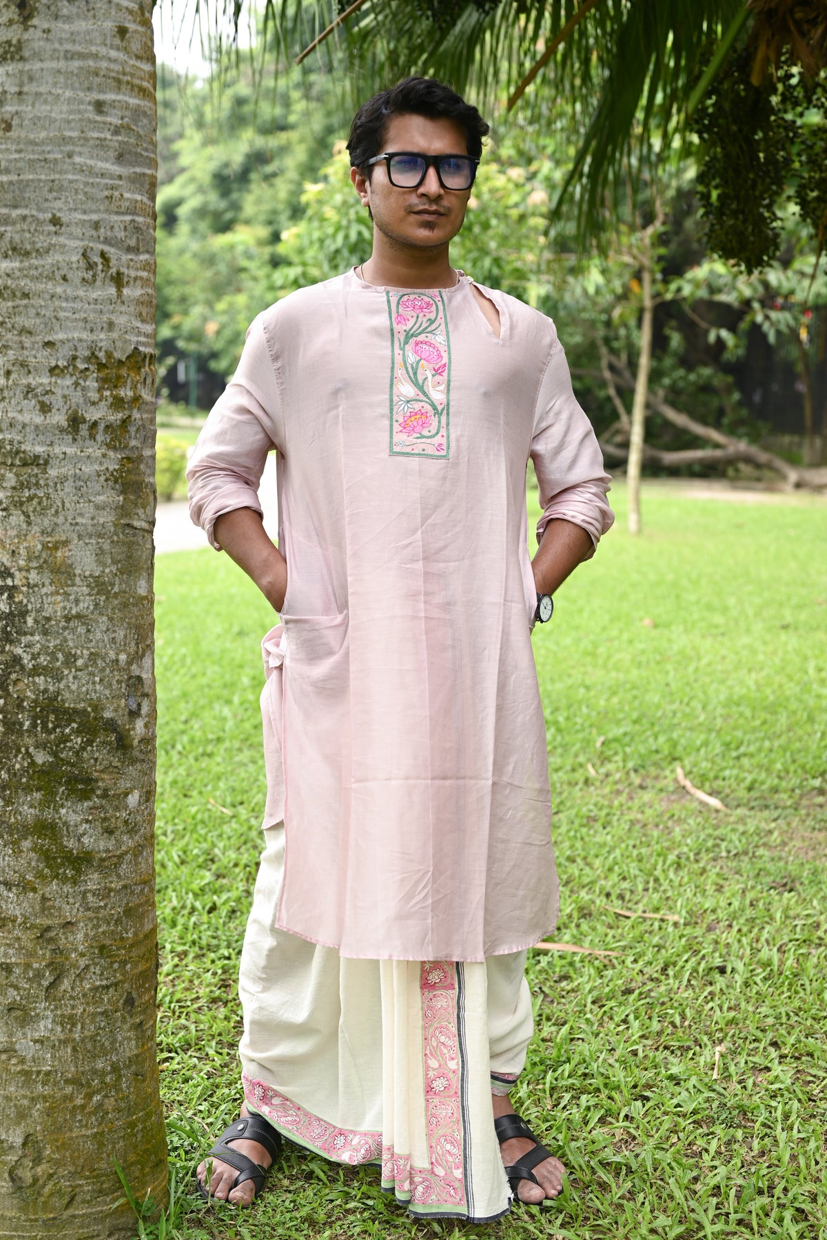 AJANTA LOTUS-WATERLILY HAND BLOCK PRINTED DHUTI