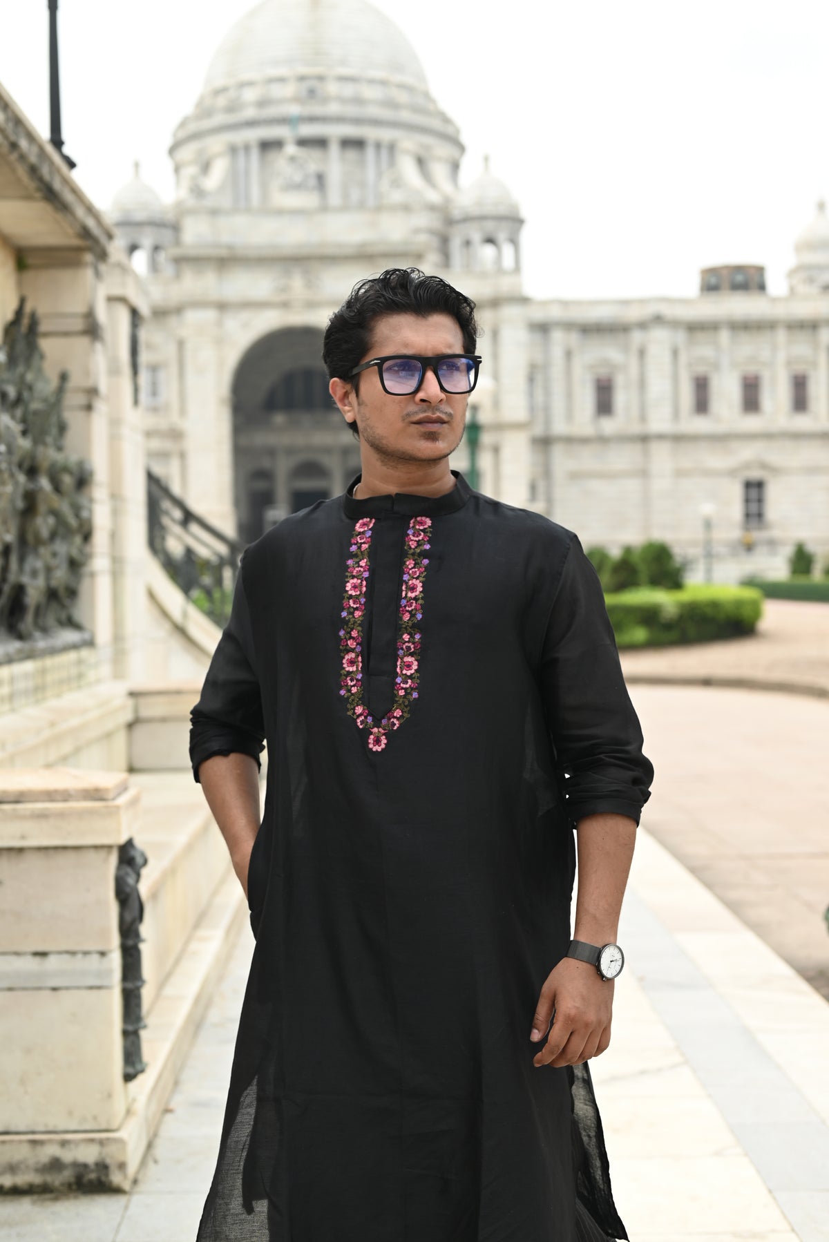 BLACK KASHMIRI GUL EMBROIDERED CHANDERI KURTA
