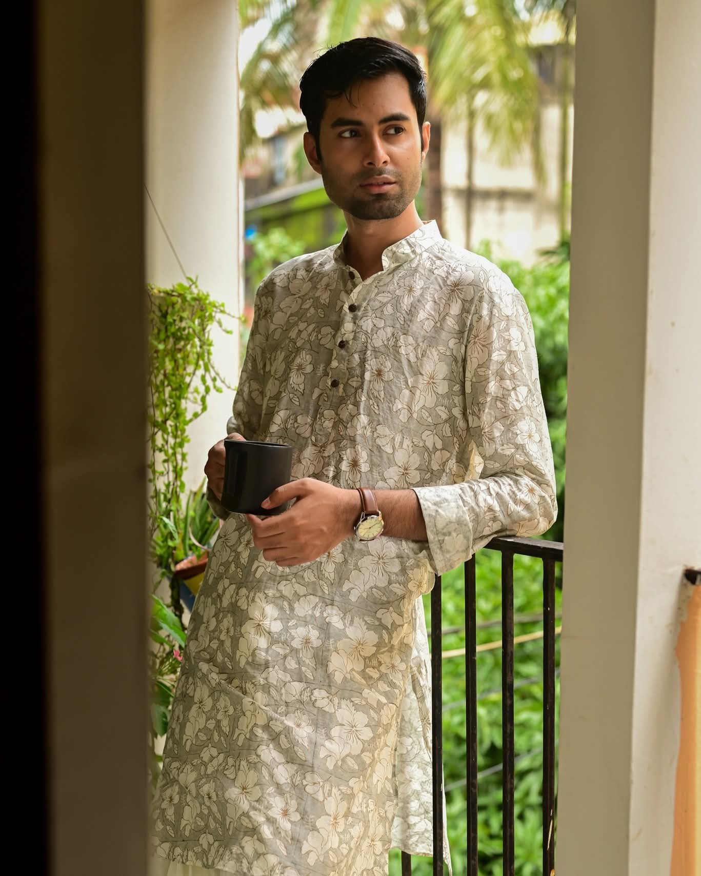 GREY HIBISCUS PRINTED CHANDERI KURTA