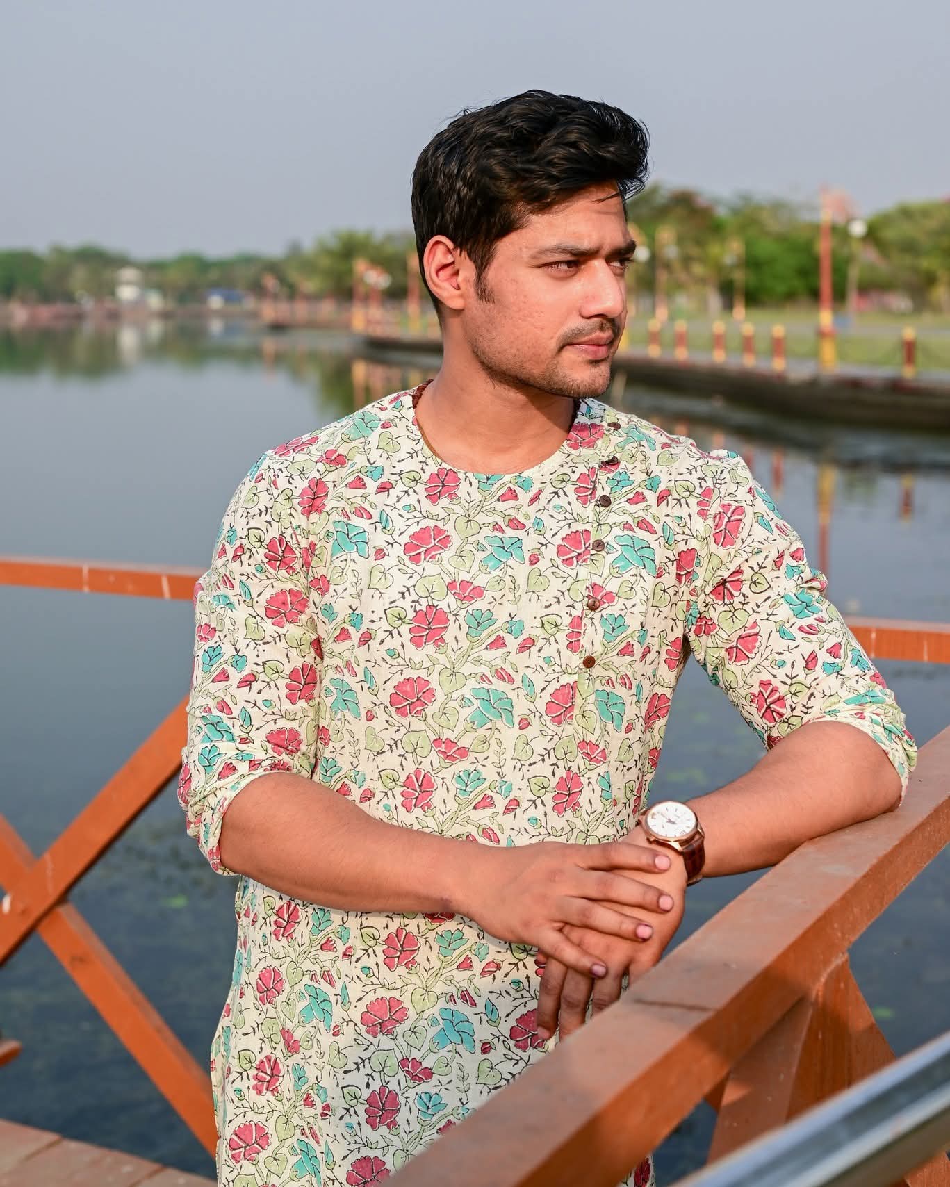 MORNING GLORY BLOCK PRINTED COTTON KURTA – HANDLOOM MEN’S KURTA