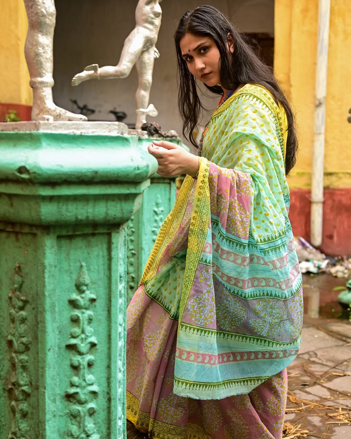 AQUA BLUE AMRAPALI HAND BLOCK PRINTED COTTON SAREE