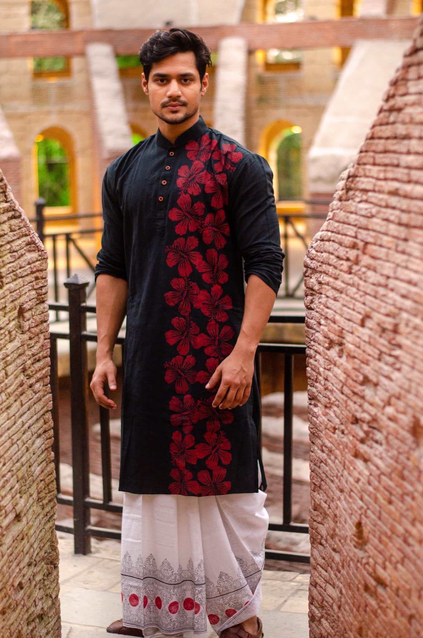 HIBISCUS PRINT KURTA – HANDWOVEN COTTON WITH BLOCK PRINT