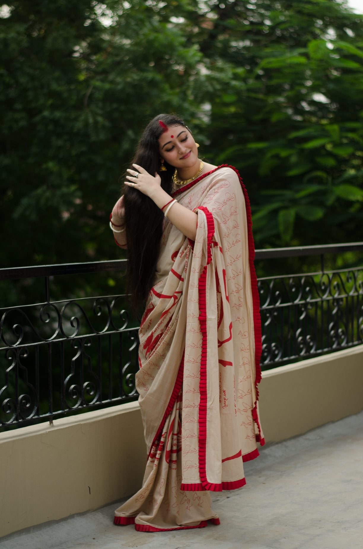TAGORE SCRIPT PRINTED BEIGE COTTON SAREE WITH FRILL