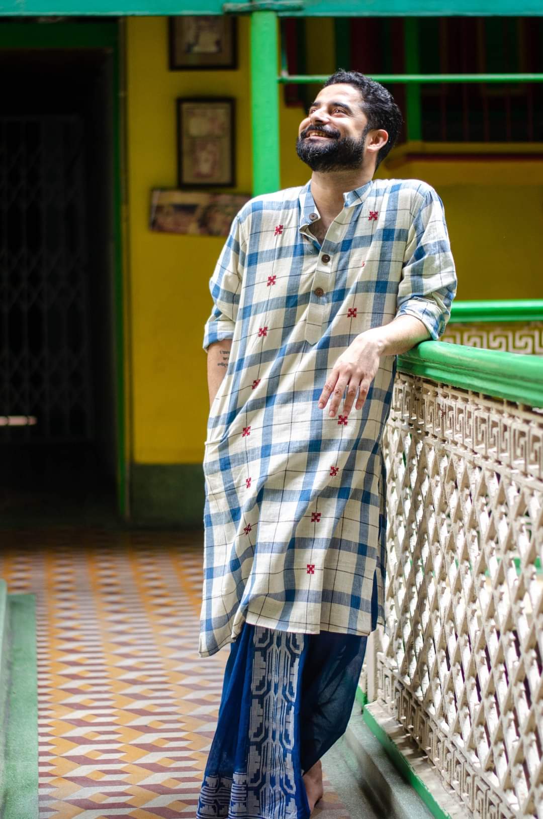 OFF-WHITE-INDIGO CHECK KURTA