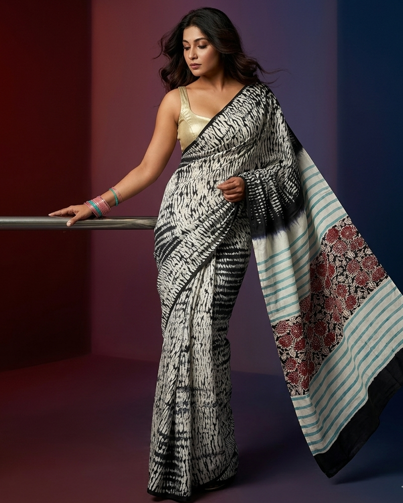 SHIBORI DAHLIA HAND BLOCK PRINTED PURE SILK SAREE