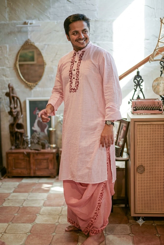 VINTAGE BEIGE HAND BLOCK PRINTED DHUTI