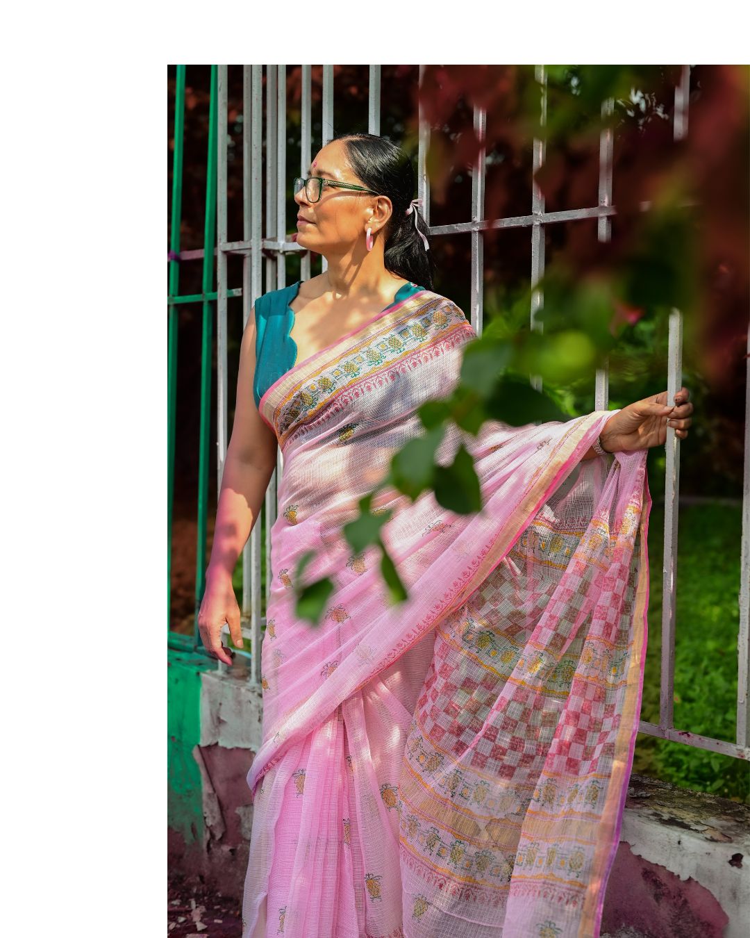 Pink Pineapple Print Kota Cotton Saree
