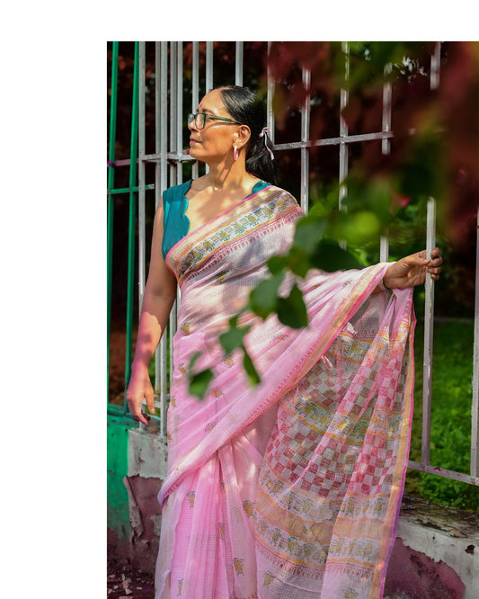 Pink Pineapple Print Kota Cotton Saree