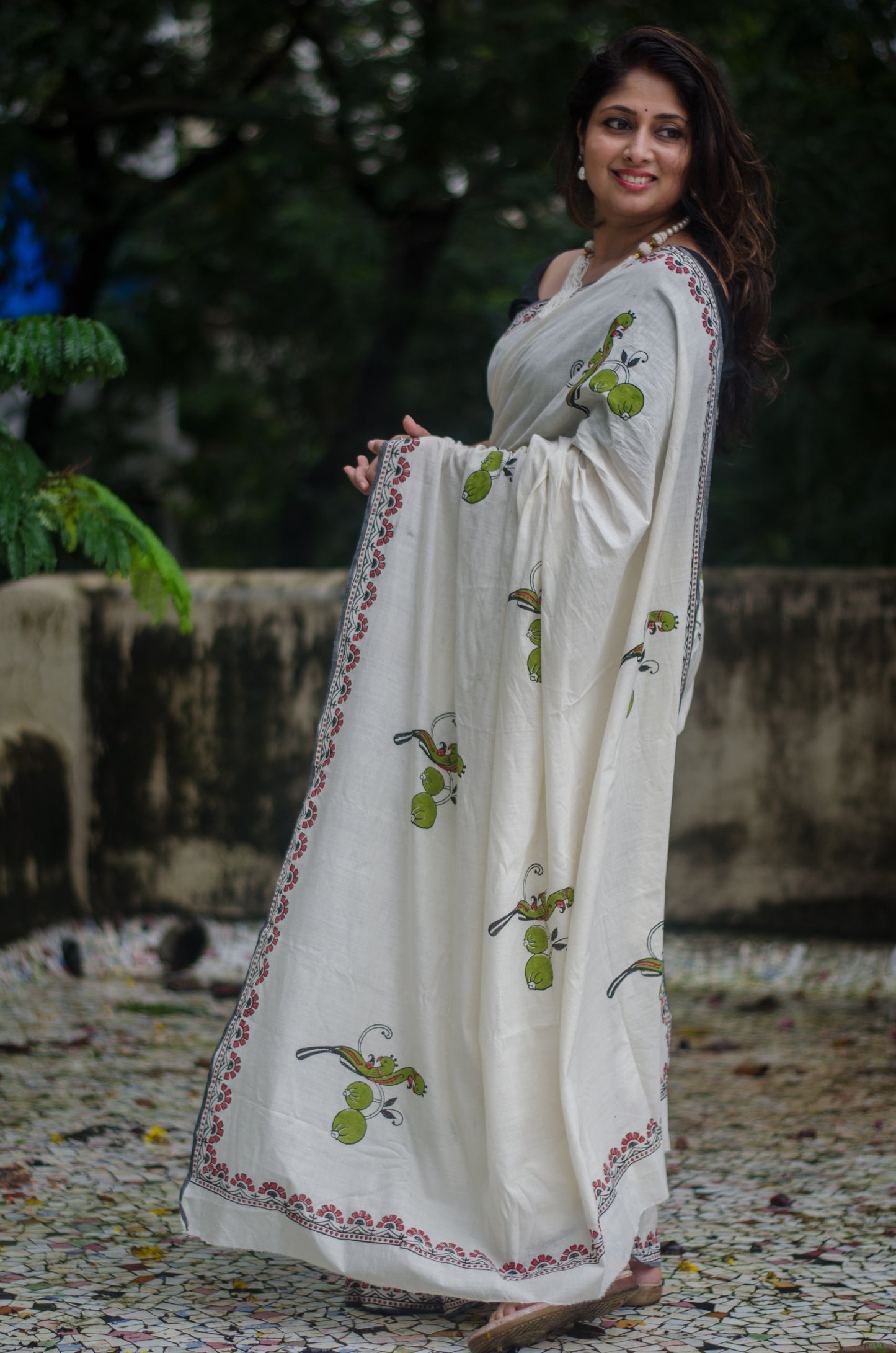 Parrot Hand Block Printed Cotton Khadi Saree