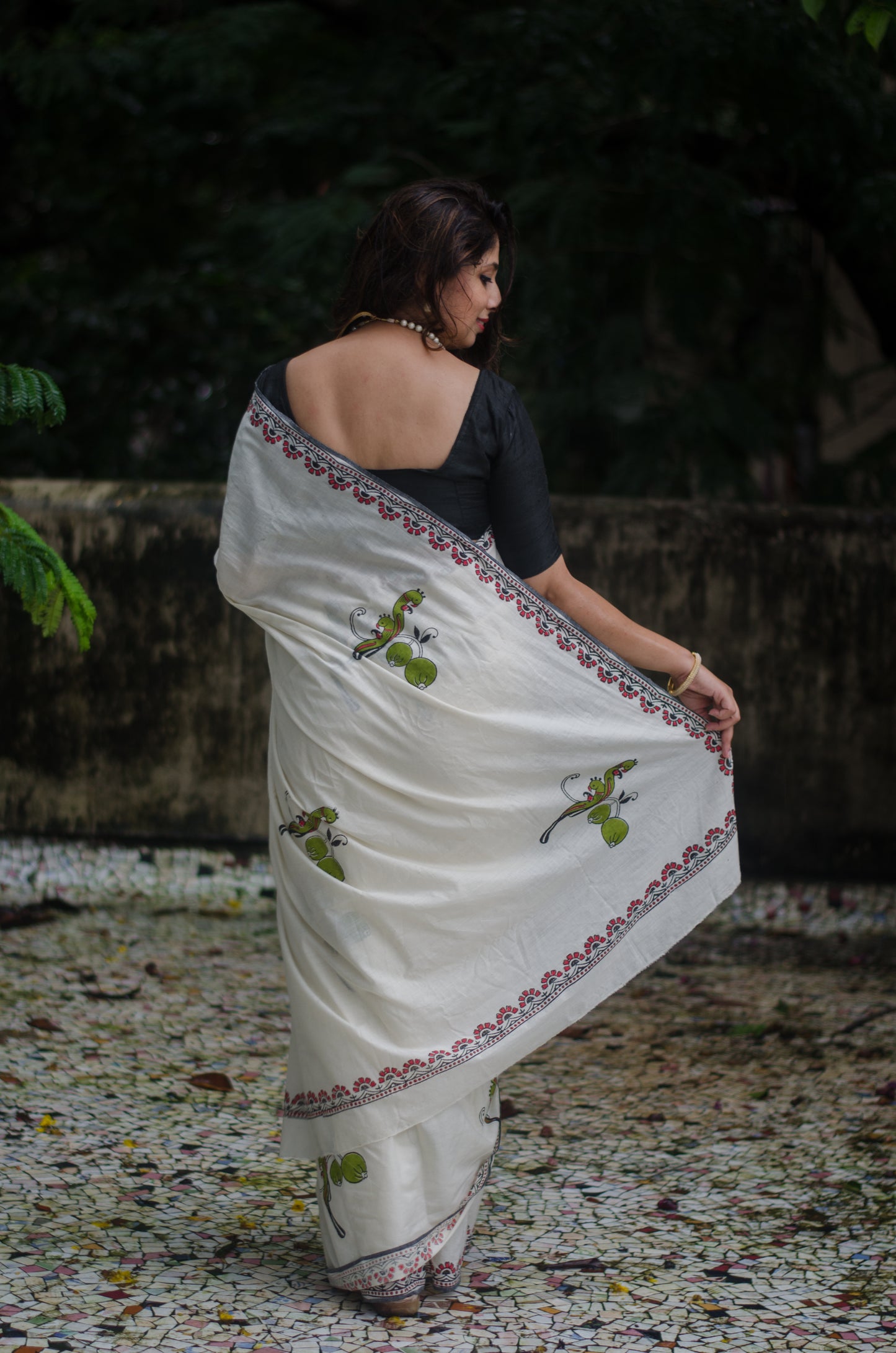 Parrot Hand Block Printed Cotton Khadi Saree