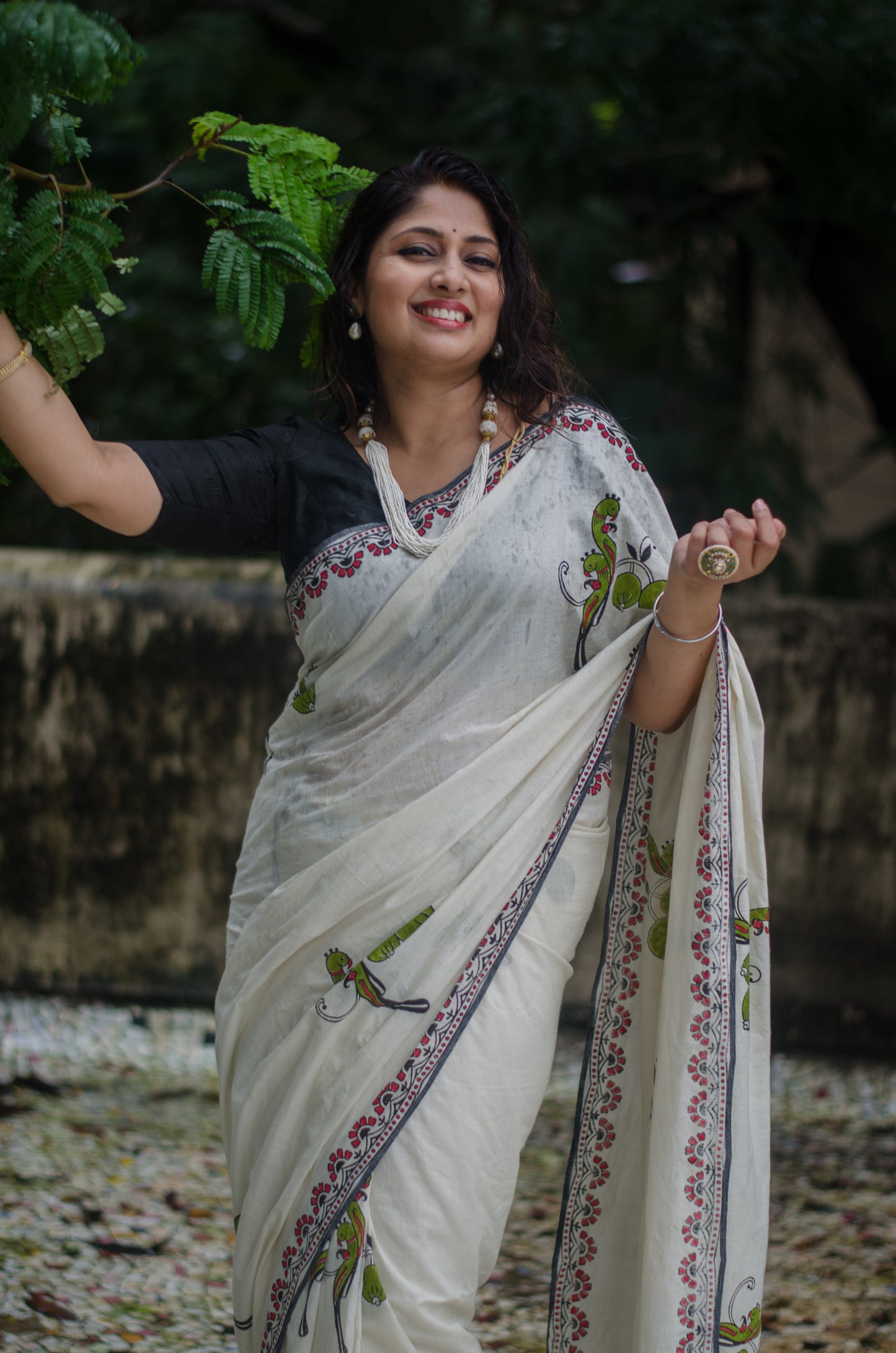 Parrot Hand Block Printed Cotton Khadi Saree