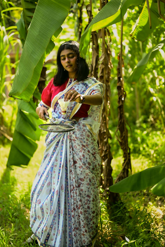Bluish Grey Aanar  Print Kota Cotton Saree