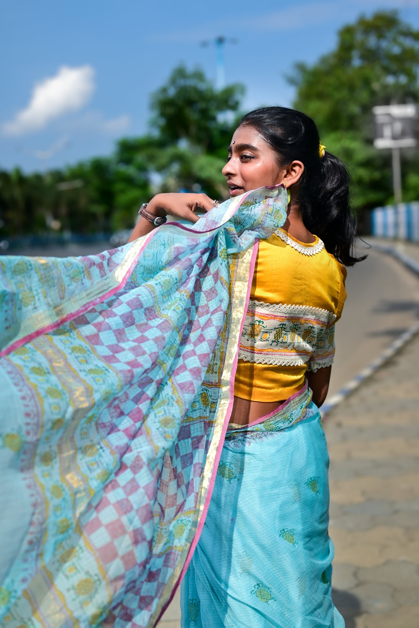 Blue Pineapple Print Kota Cotton Saree