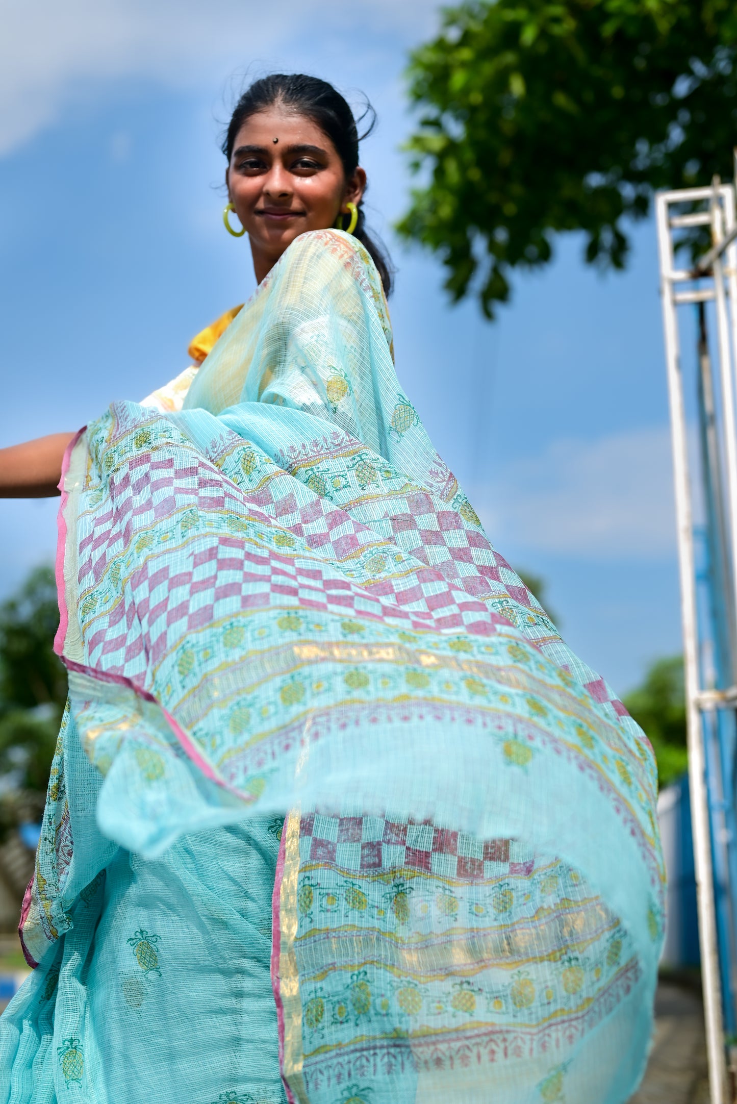 Blue Pineapple Print Kota Cotton Saree