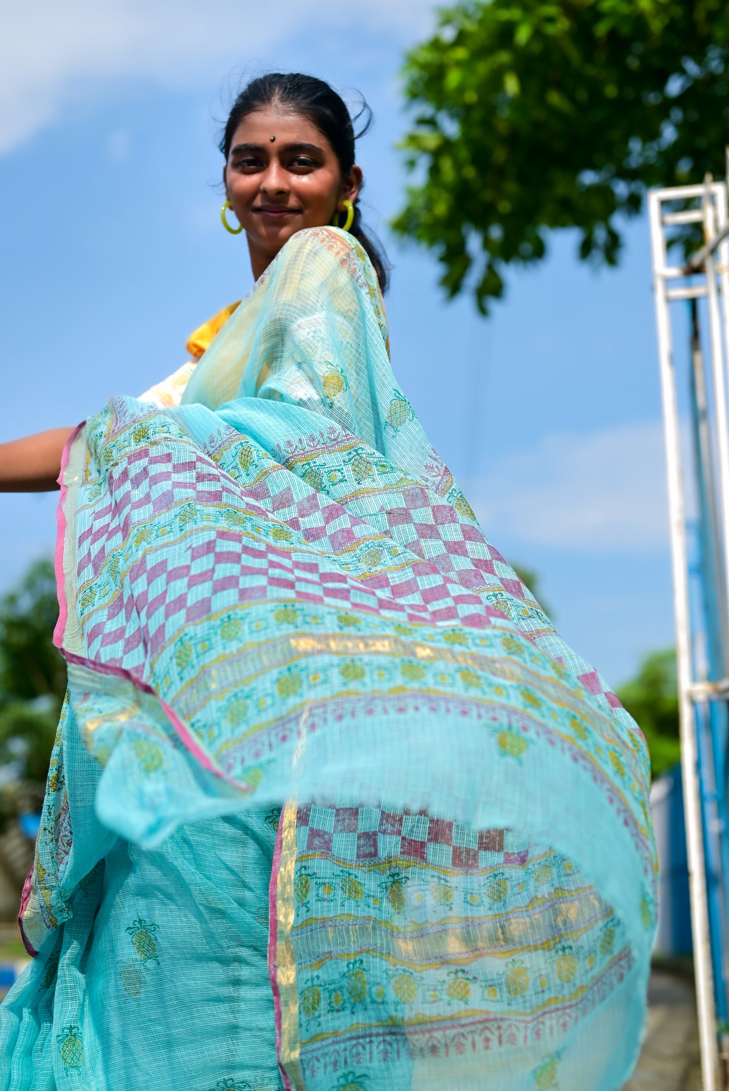 Blue Pineapple Print Kota Cotton Saree