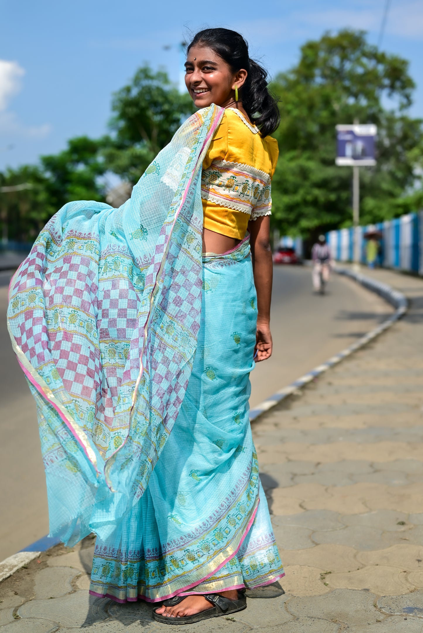 Blue Pineapple Print Kota Cotton Saree