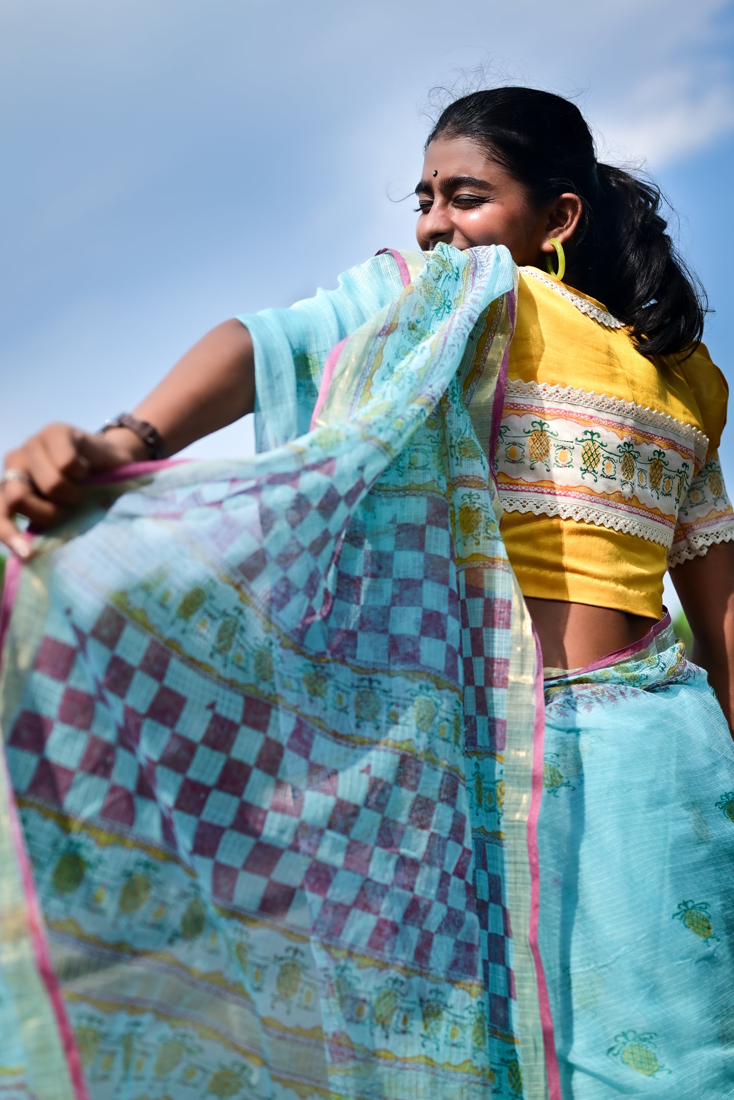 Blue Pineapple Print Kota Cotton Saree