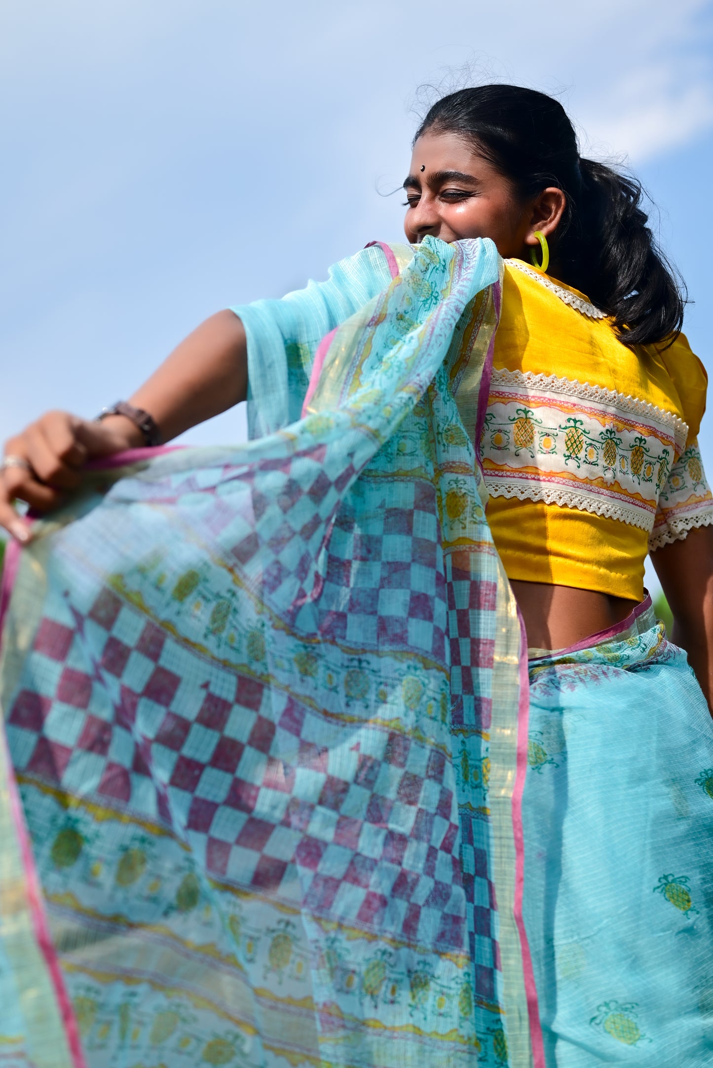 Blue Pineapple Print Kota Cotton Saree
