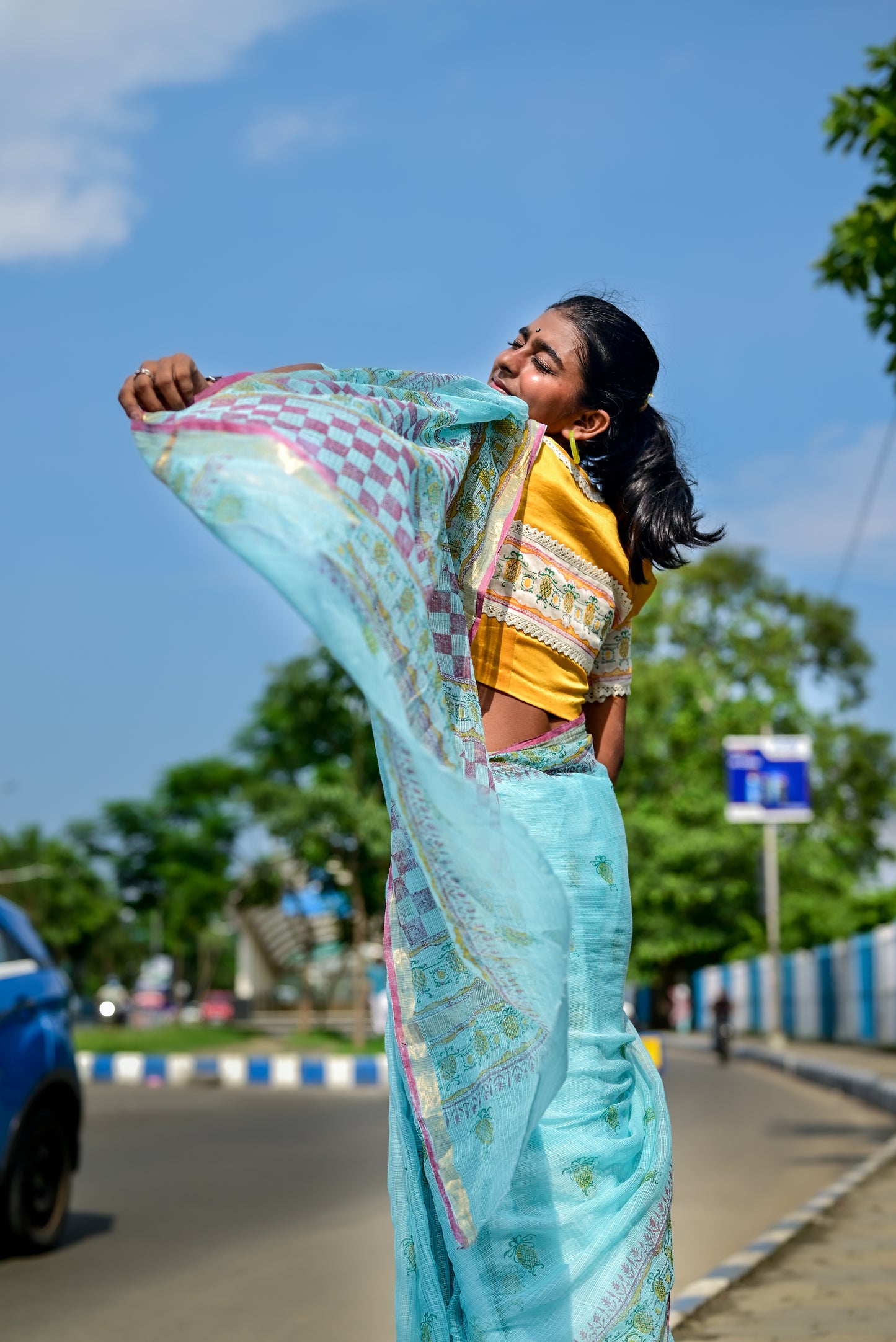 Blue Pineapple Print Kota Cotton Saree