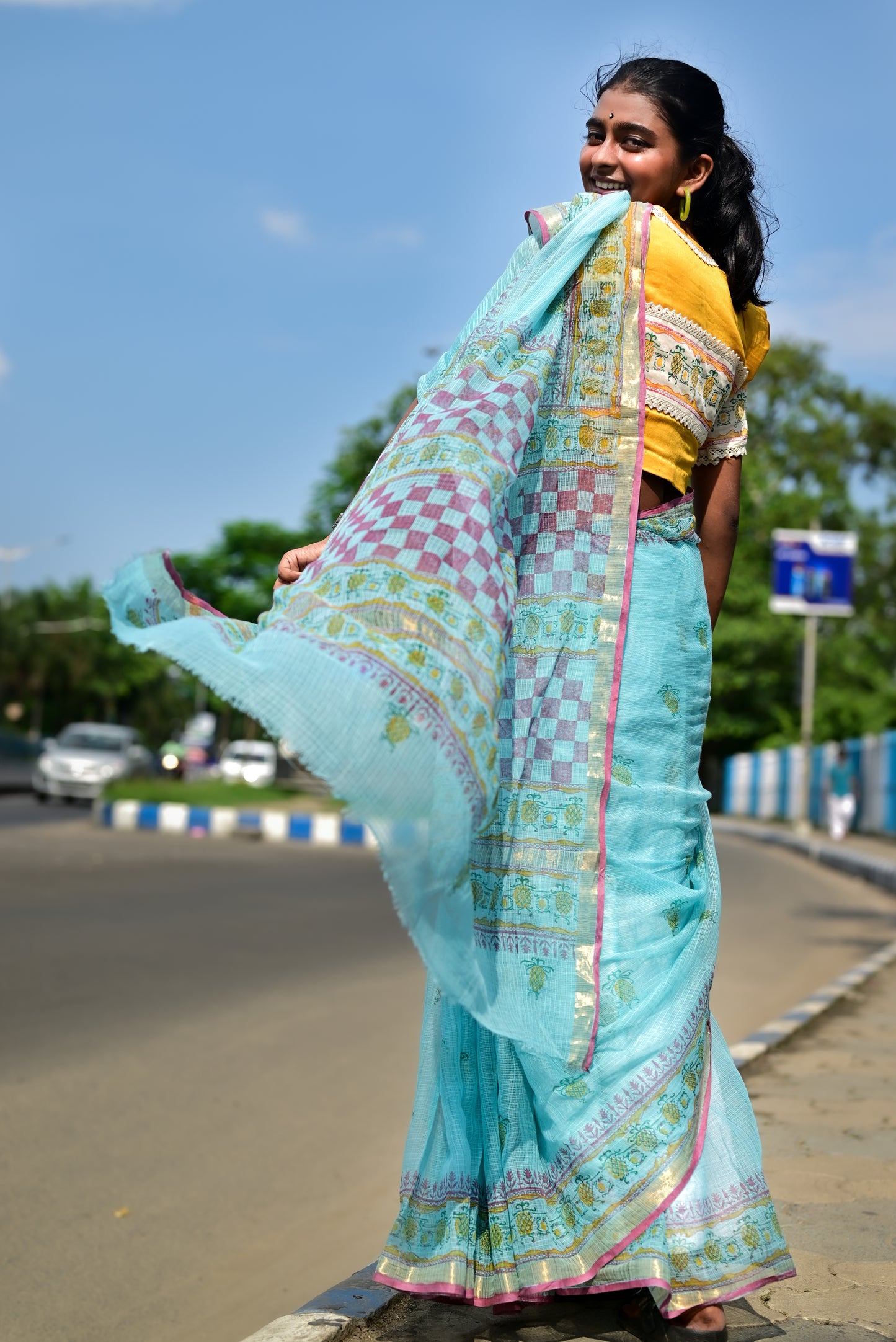 Blue Pineapple Print Kota Cotton Saree