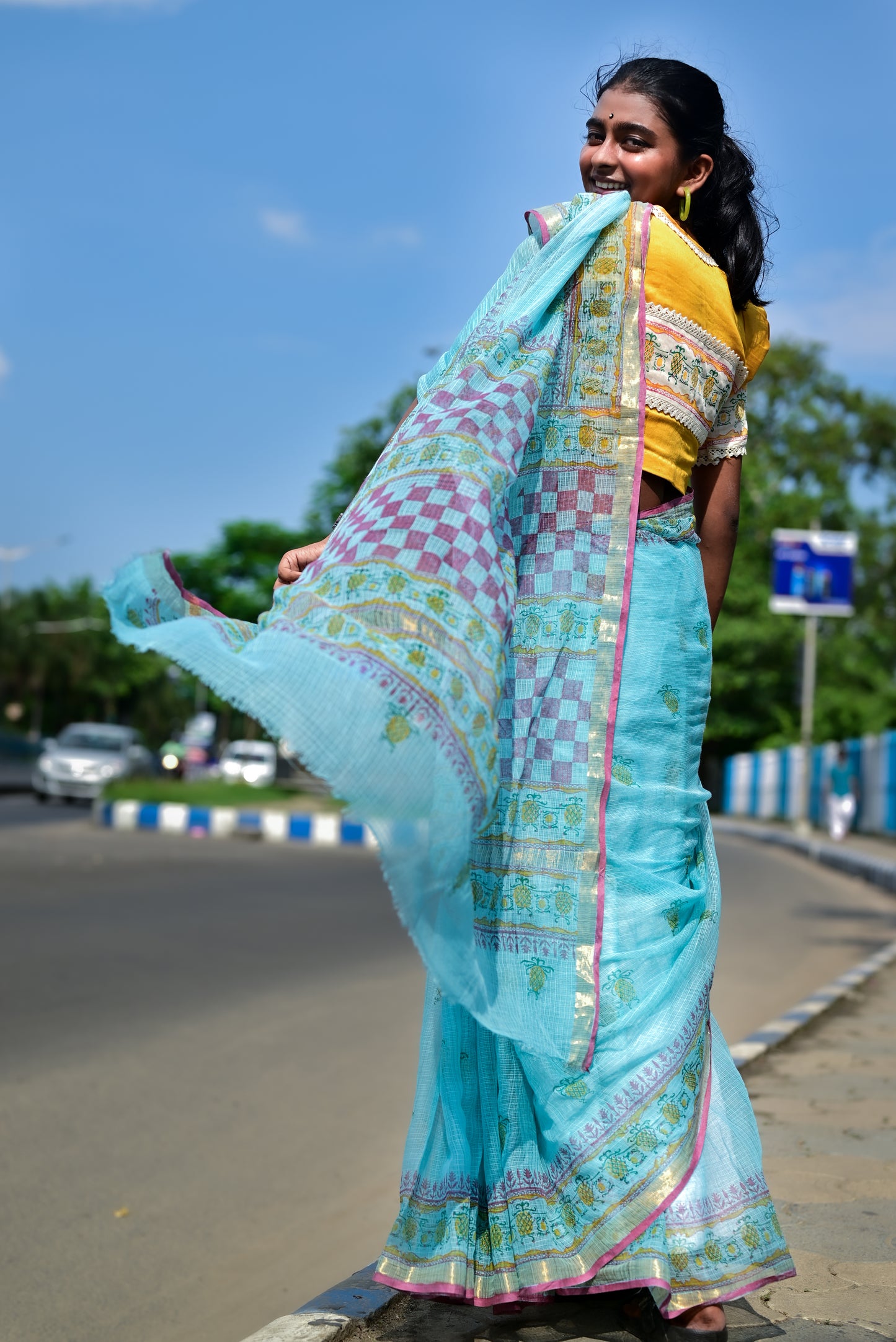 Blue Pineapple Print Kota Cotton Saree