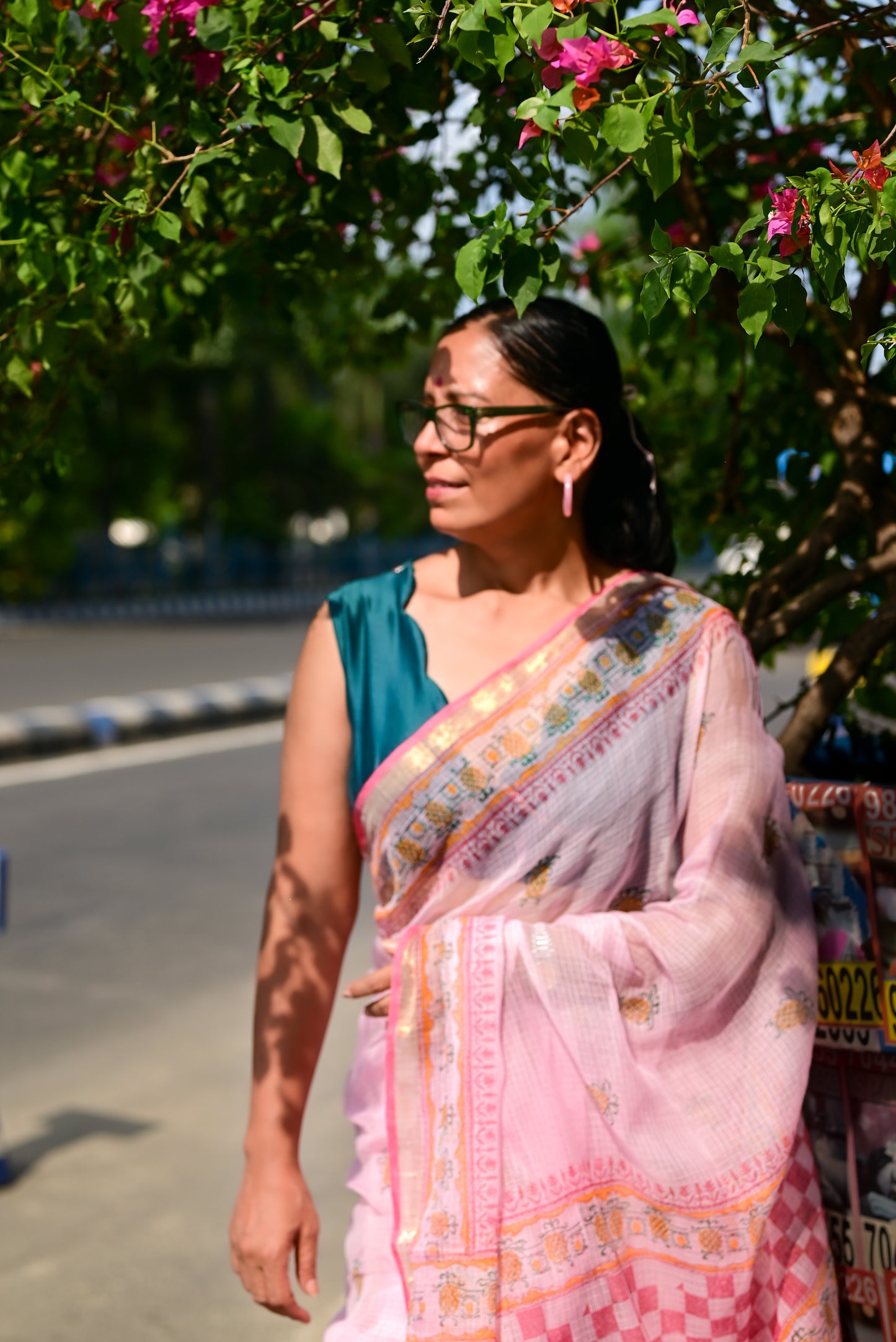 Pink Pineapple Print Kota Cotton Saree