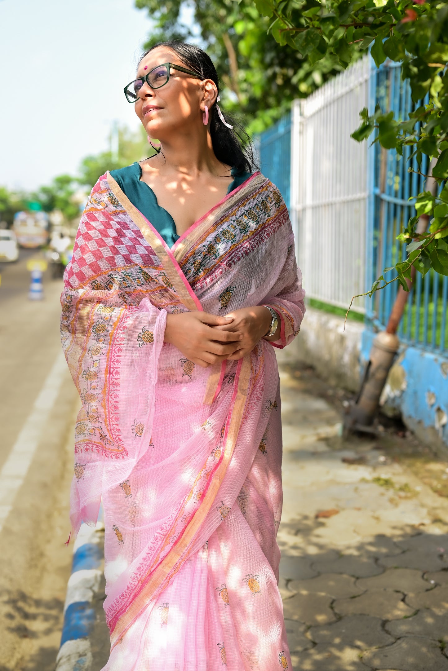 Pink Pineapple Print Kota Cotton Saree
