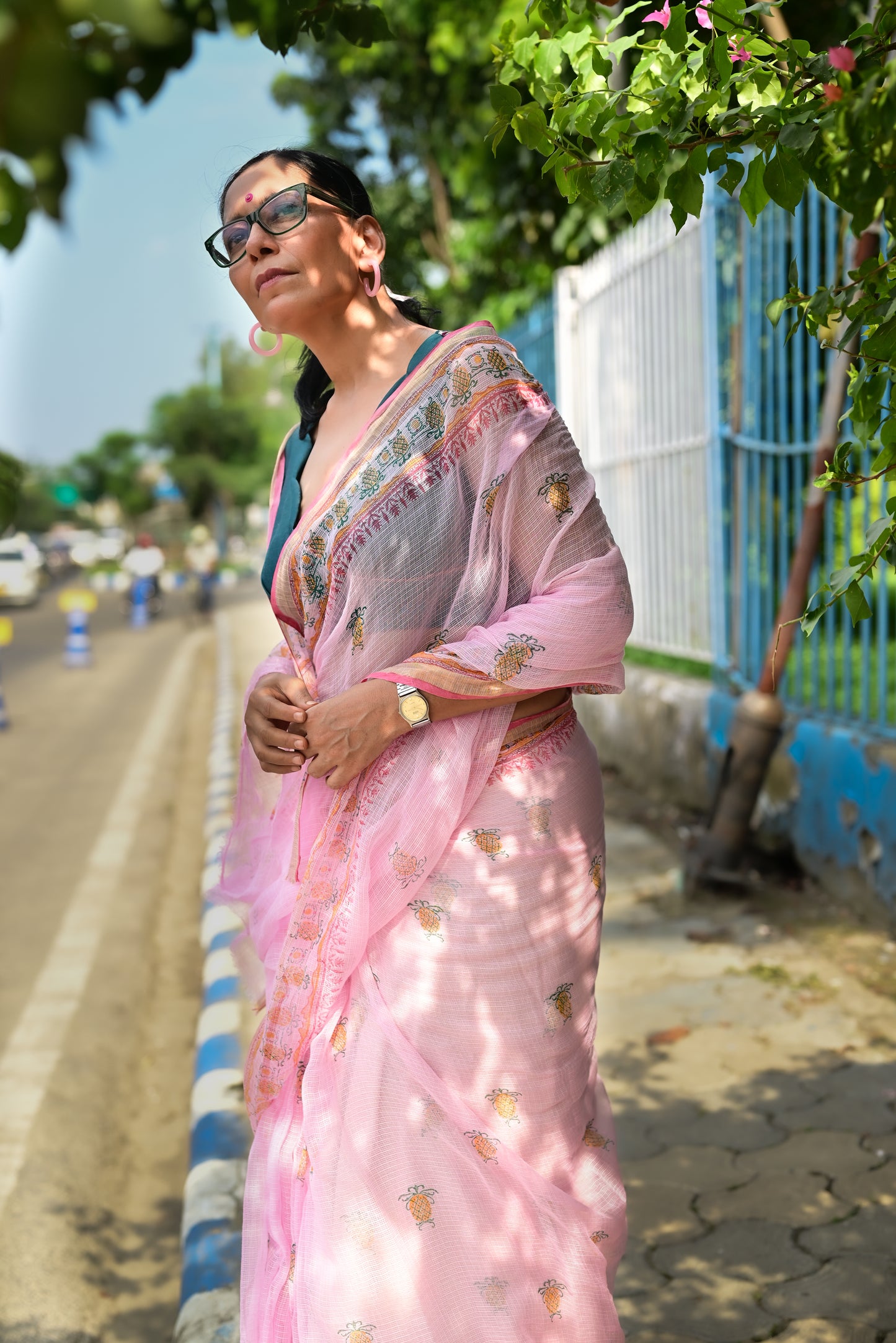 Pink Pineapple Print Kota Cotton Saree