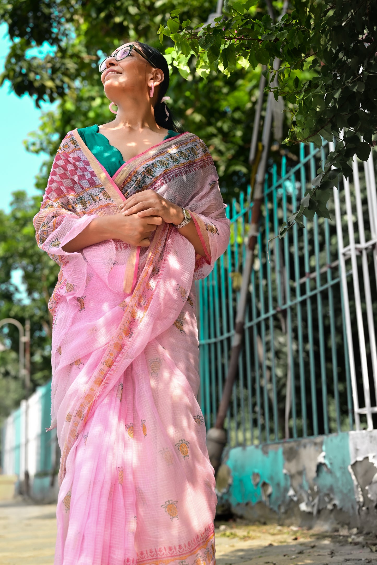 Pink Pineapple Print Kota Cotton Saree