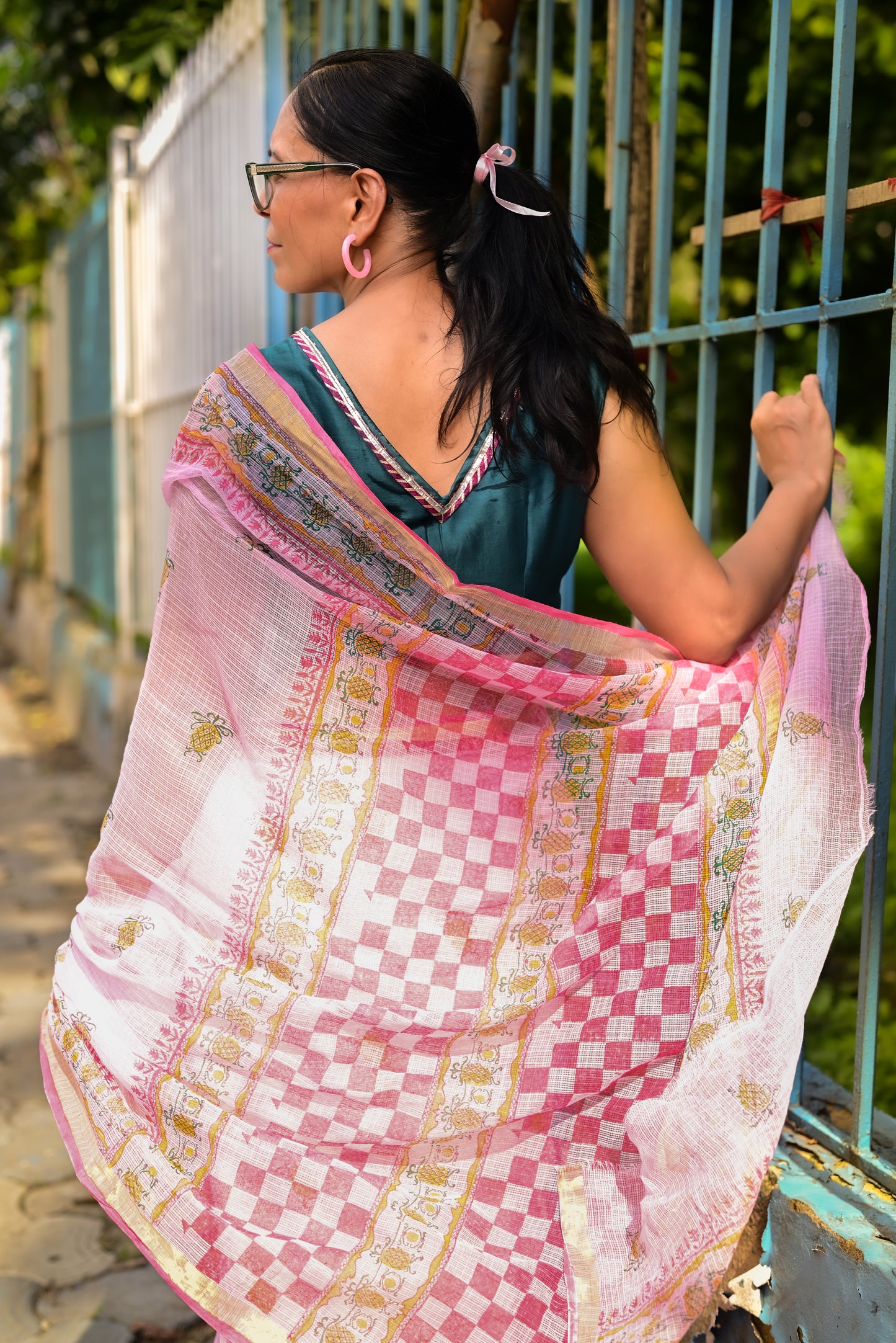 Pink Pineapple Print Kota Cotton Saree