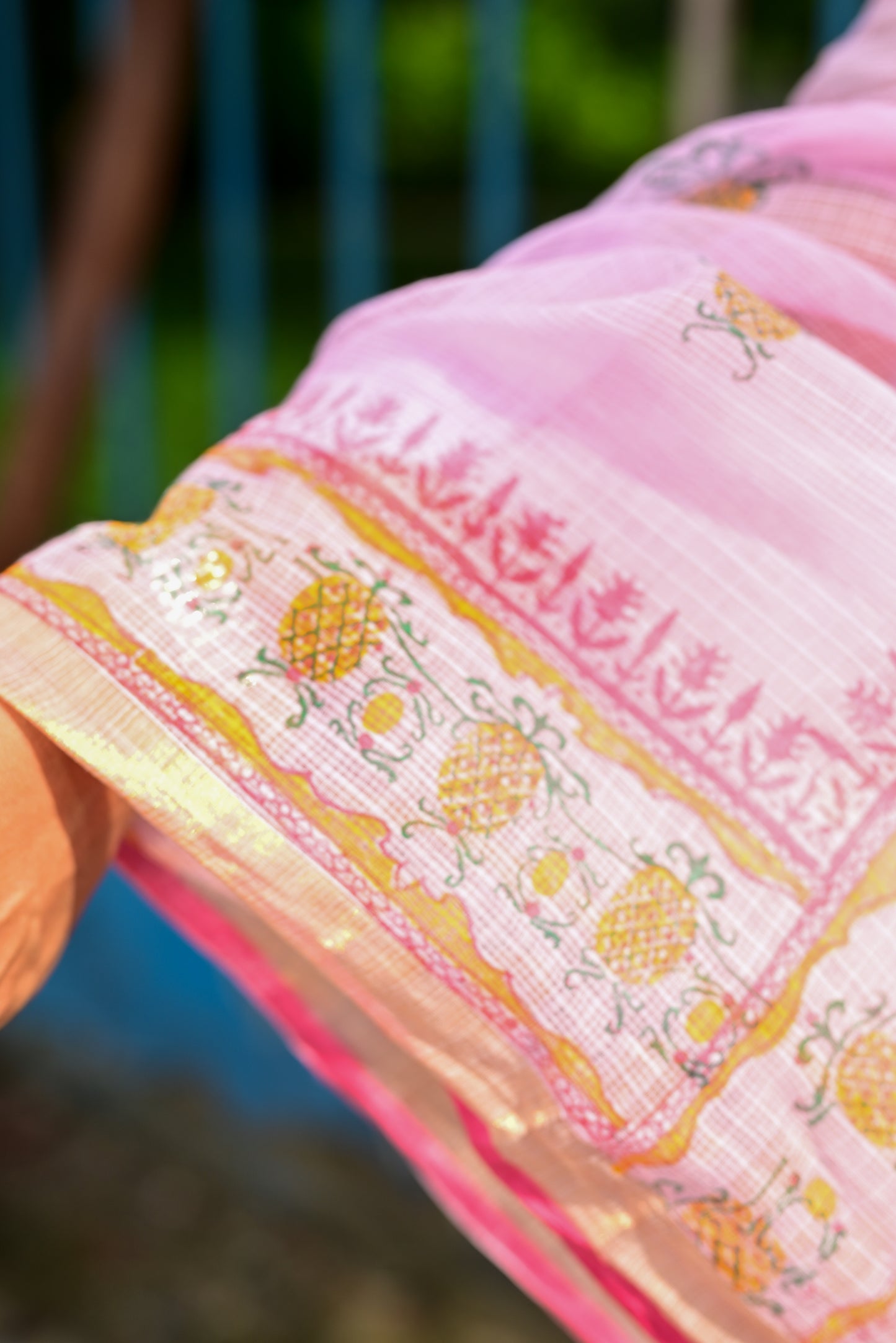 Pink Pineapple Print Kota Cotton Saree