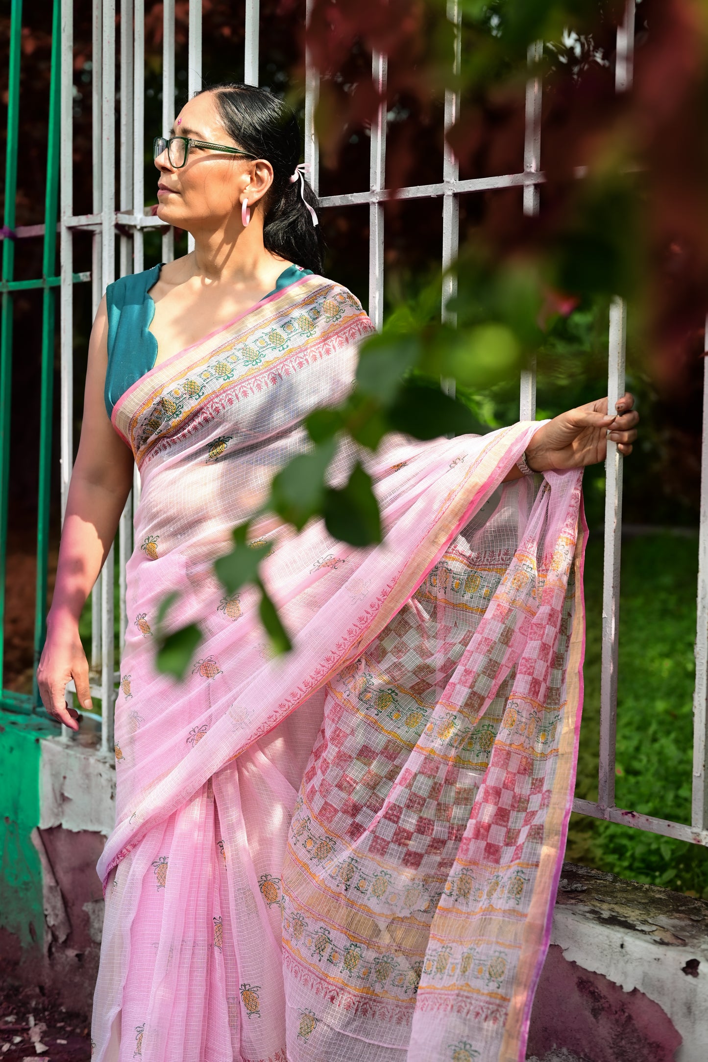 Pink Pineapple Print Kota Cotton Saree