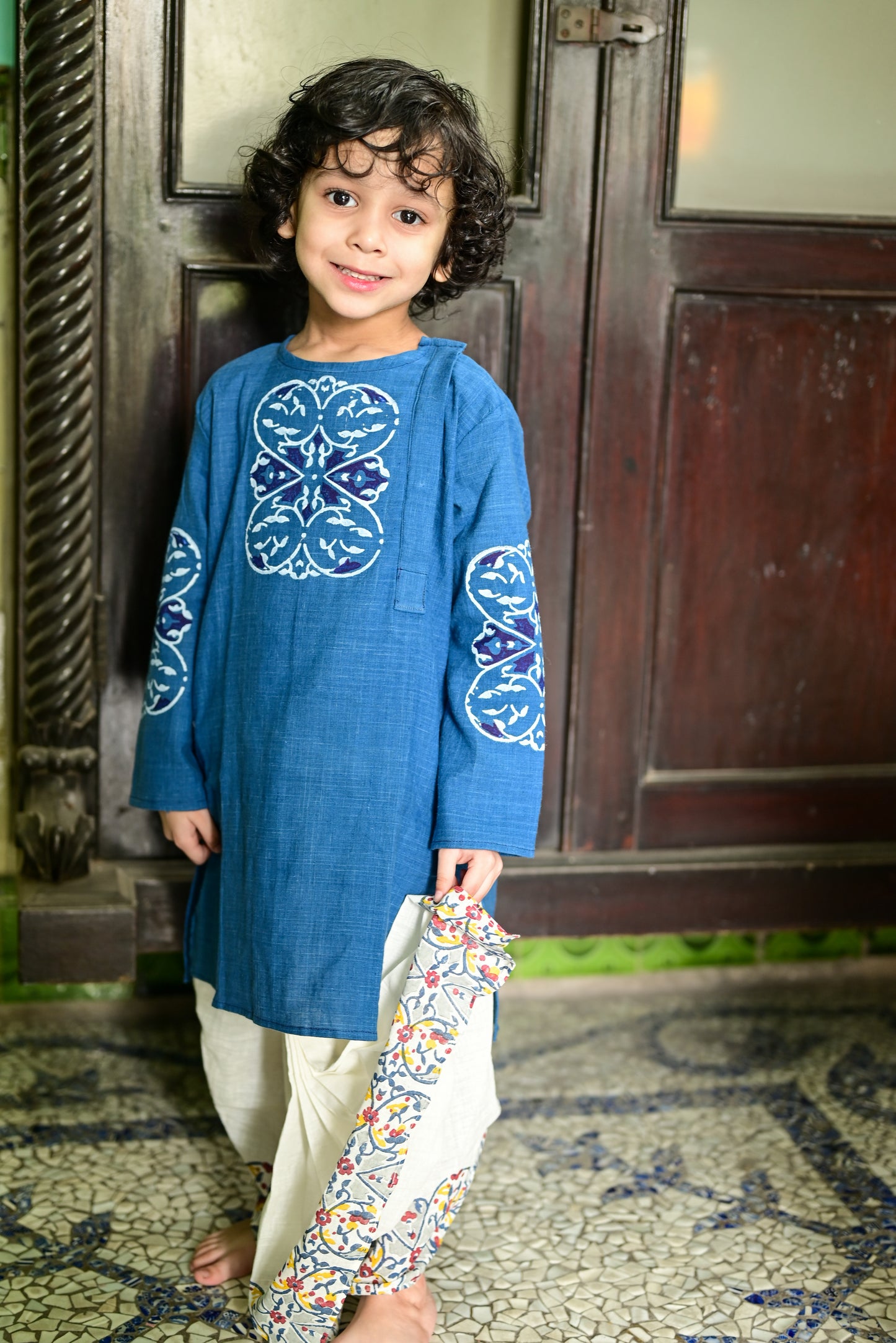 INDIGO BLUE MEHFUZ  KIDS KURTA- DHUTI SET
