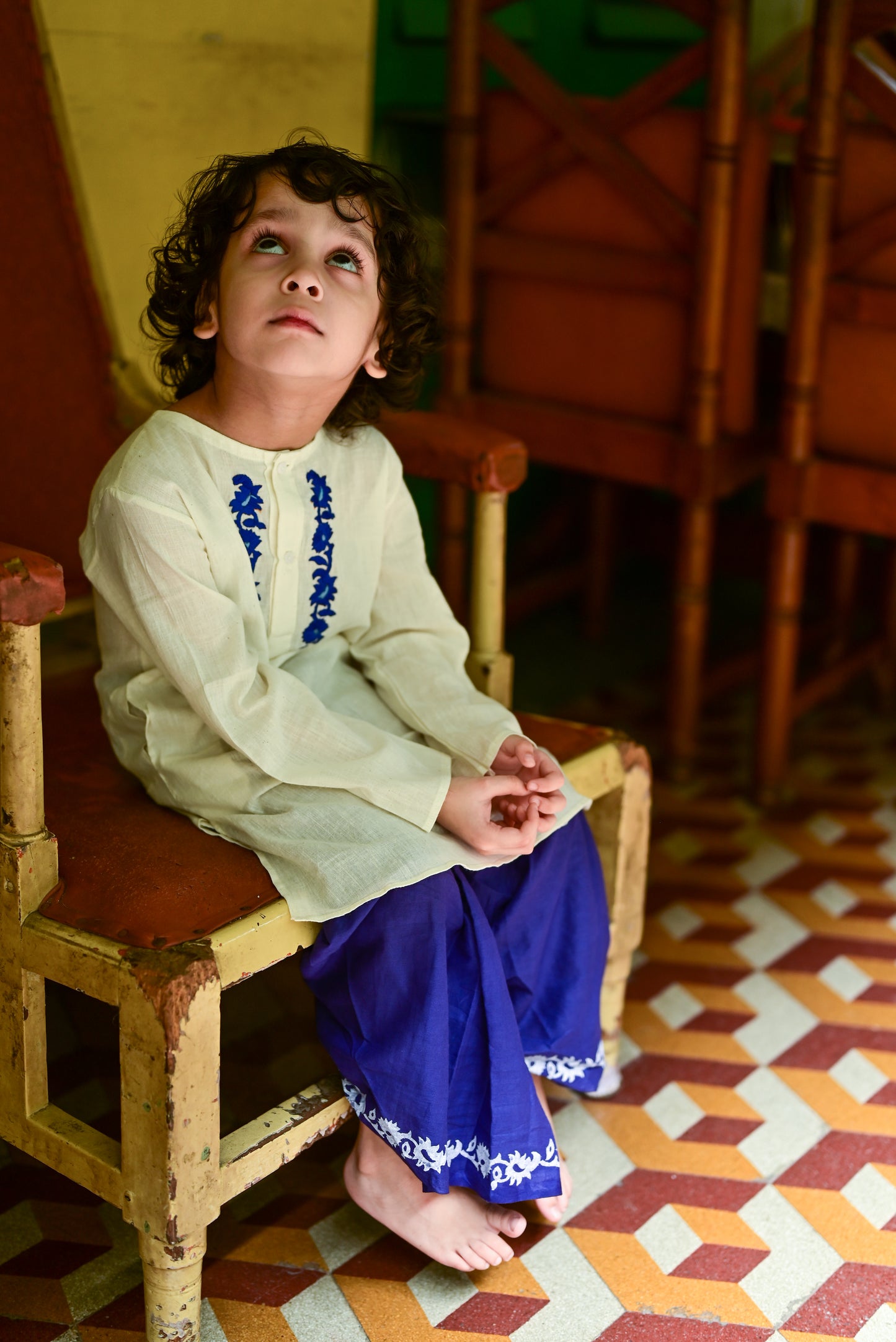 SABEKI EMBROIDERED KIDS KURTA- BLUE DHUTI SET