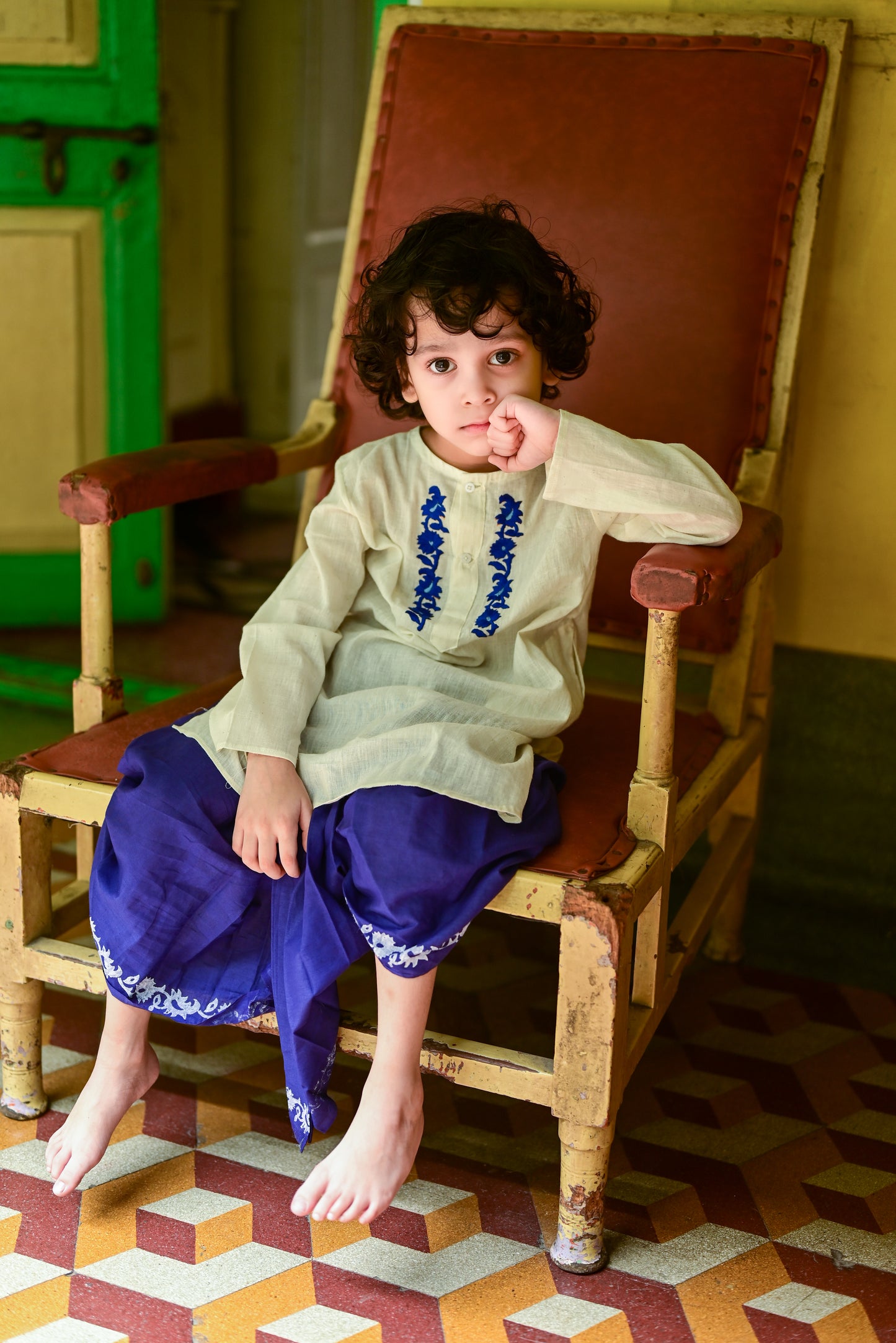 SABEKI EMBROIDERED KIDS KURTA- BLUE DHUTI SET
