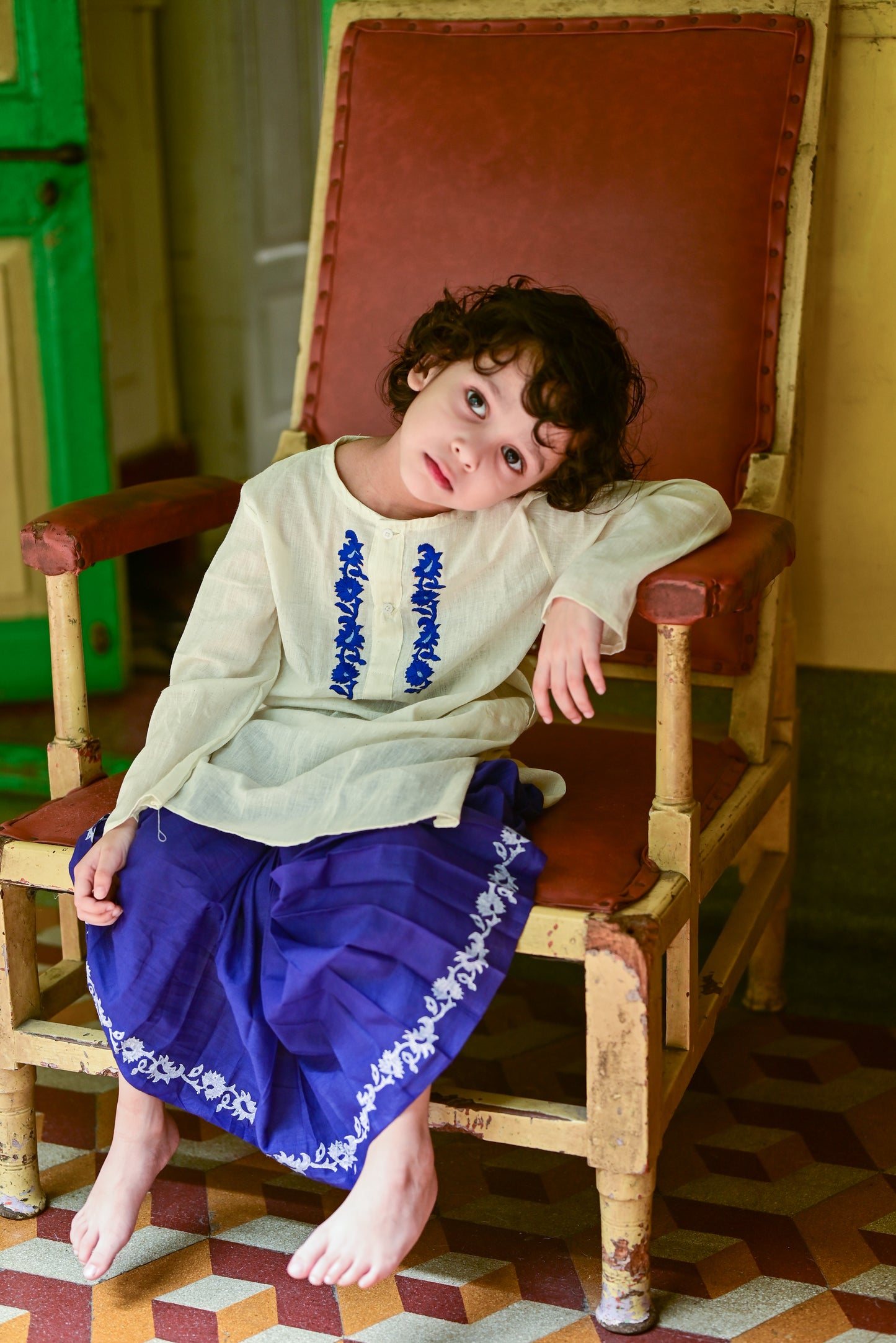 SABEKI EMBROIDERED KIDS KURTA- BLUE DHUTI SET