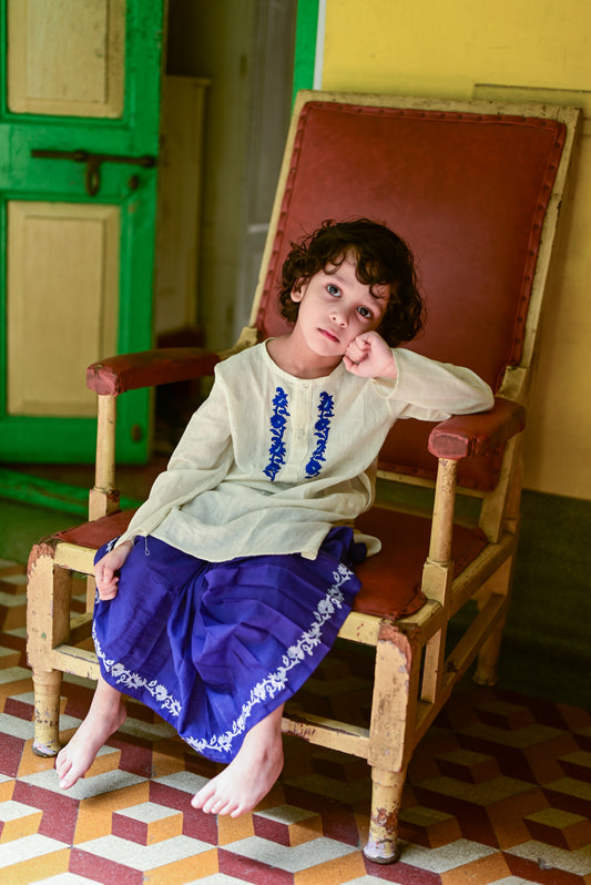 SABEKI EMBROIDERED KIDS KURTA- BLUE DHUTI SET