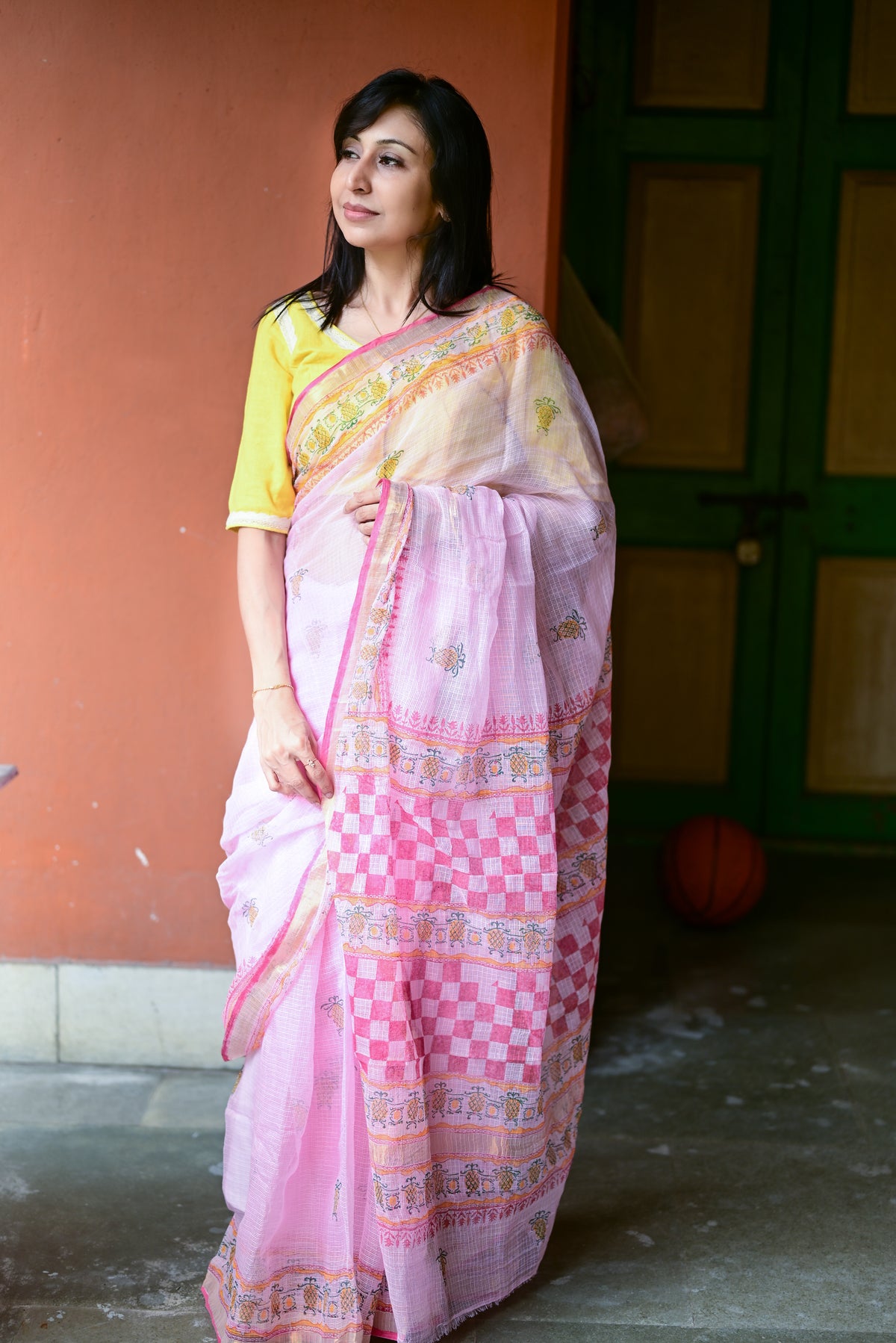 Pink Pineapple Print Kota Cotton Saree