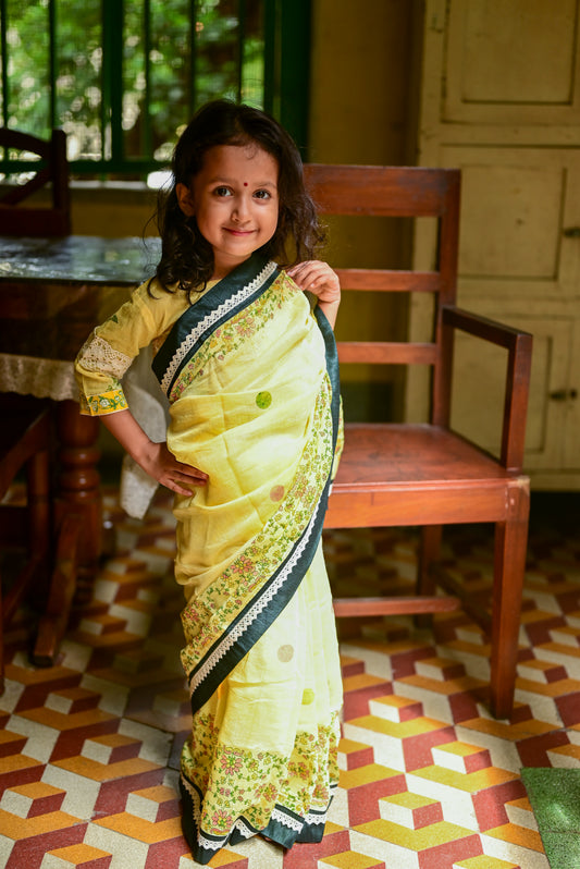 YELLOW KASHMIRI GUL  KIDS SAREE