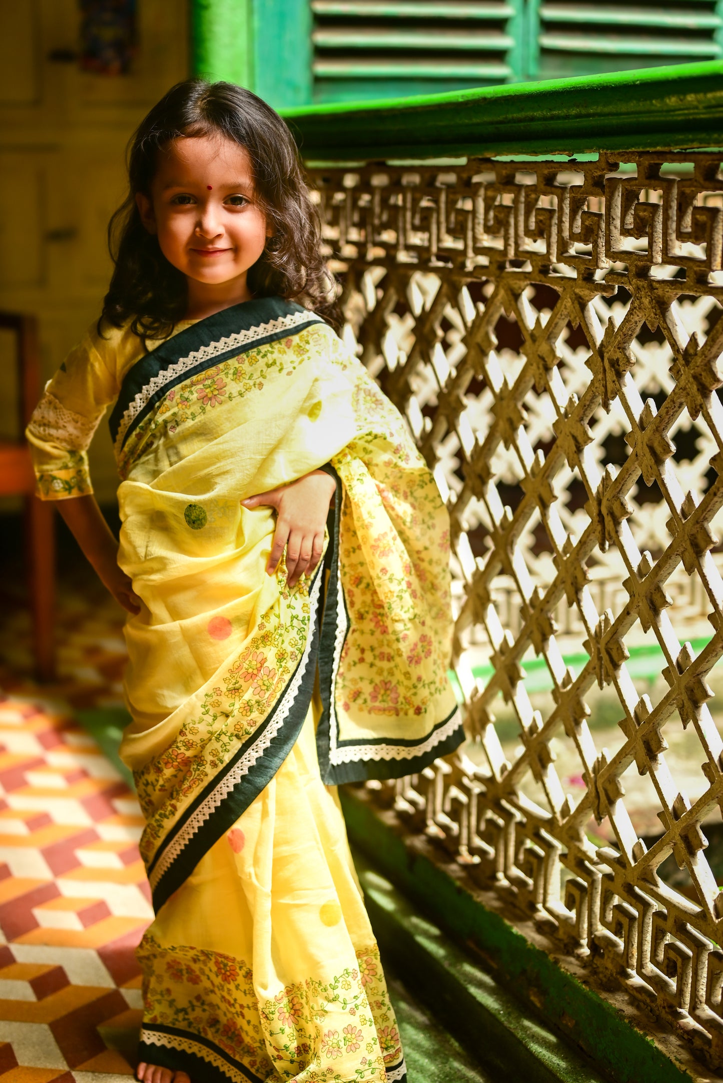 YELLOW KASHMIRI GUL  KIDS SAREE