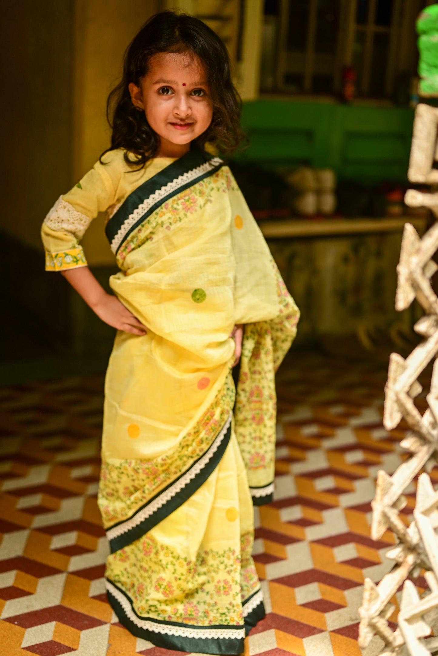 YELLOW KASHMIRI GUL  KIDS SAREE