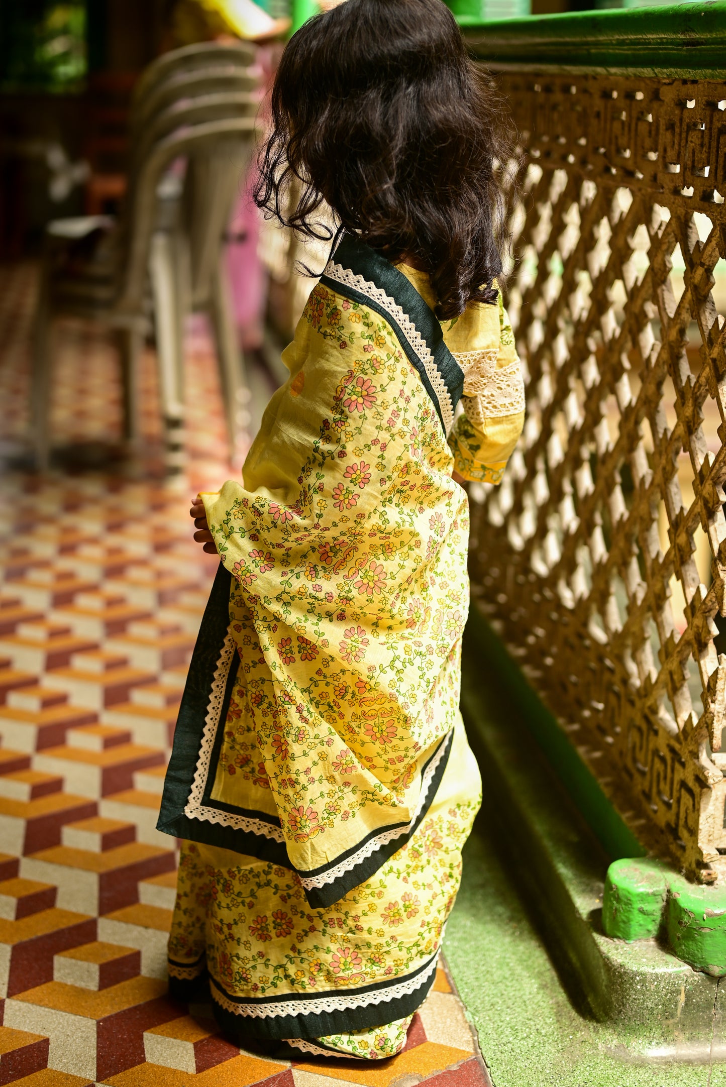 YELLOW KASHMIRI GUL  KIDS SAREE