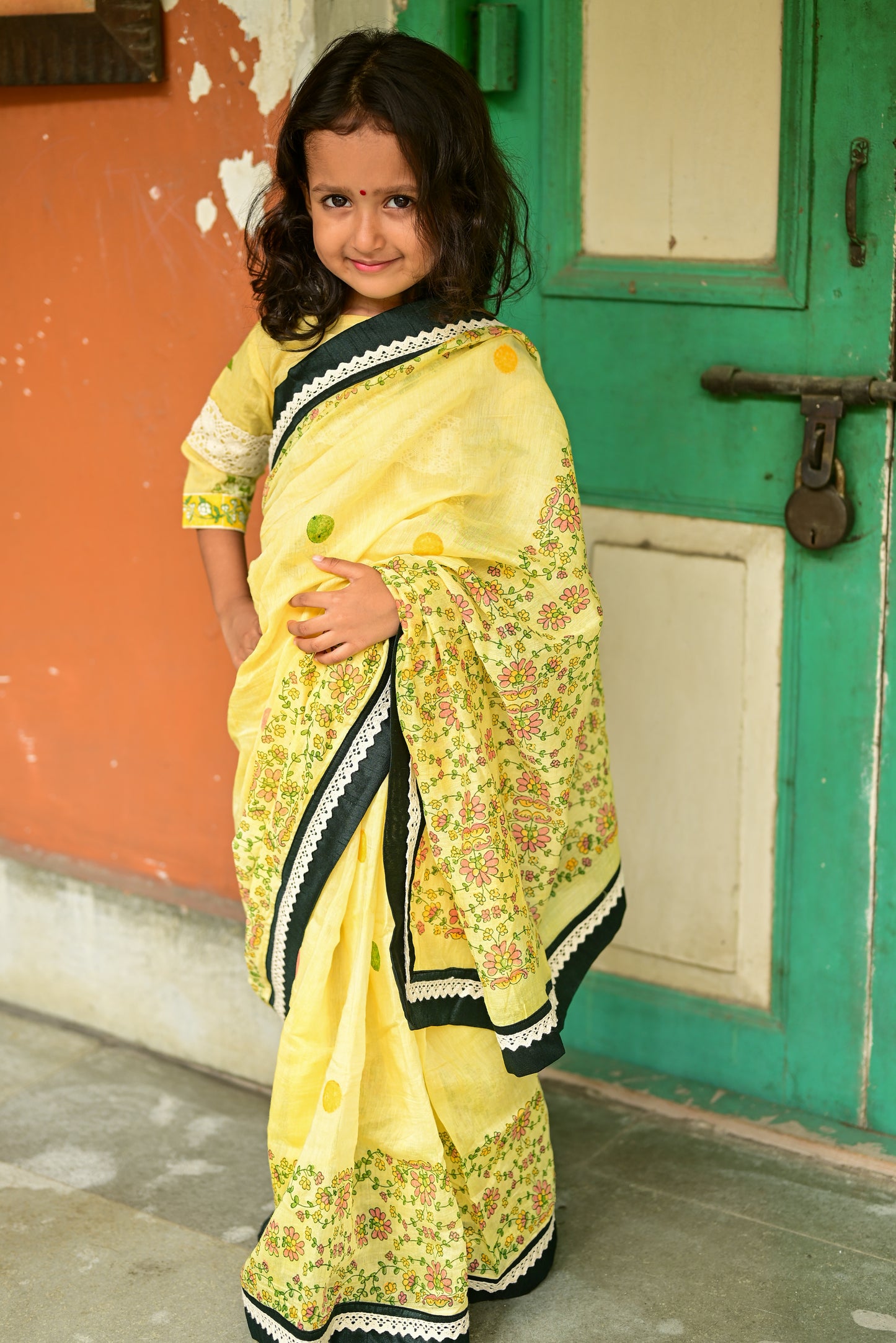 YELLOW KASHMIRI GUL  KIDS SAREE