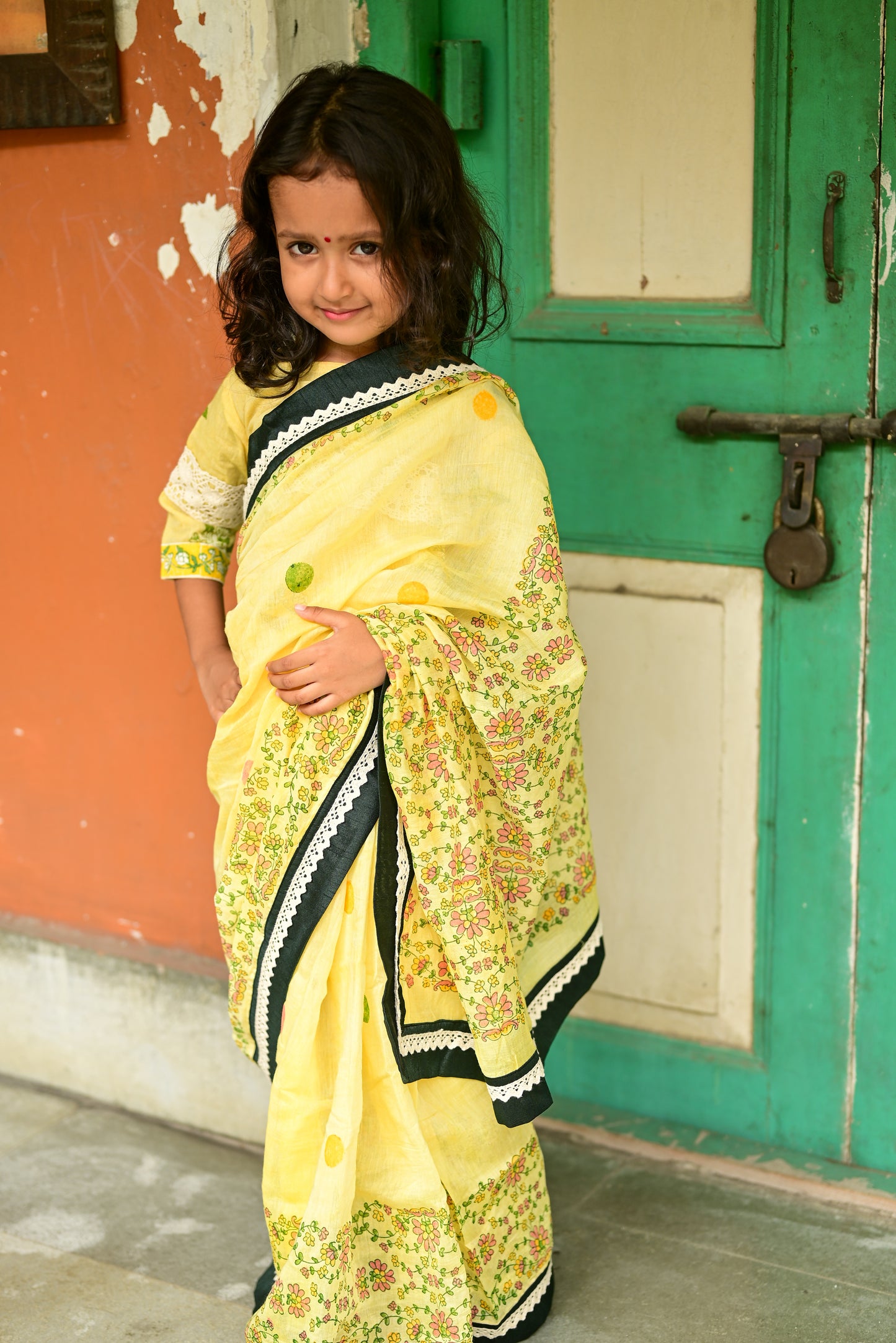 YELLOW KASHMIRI GUL  KIDS SAREE