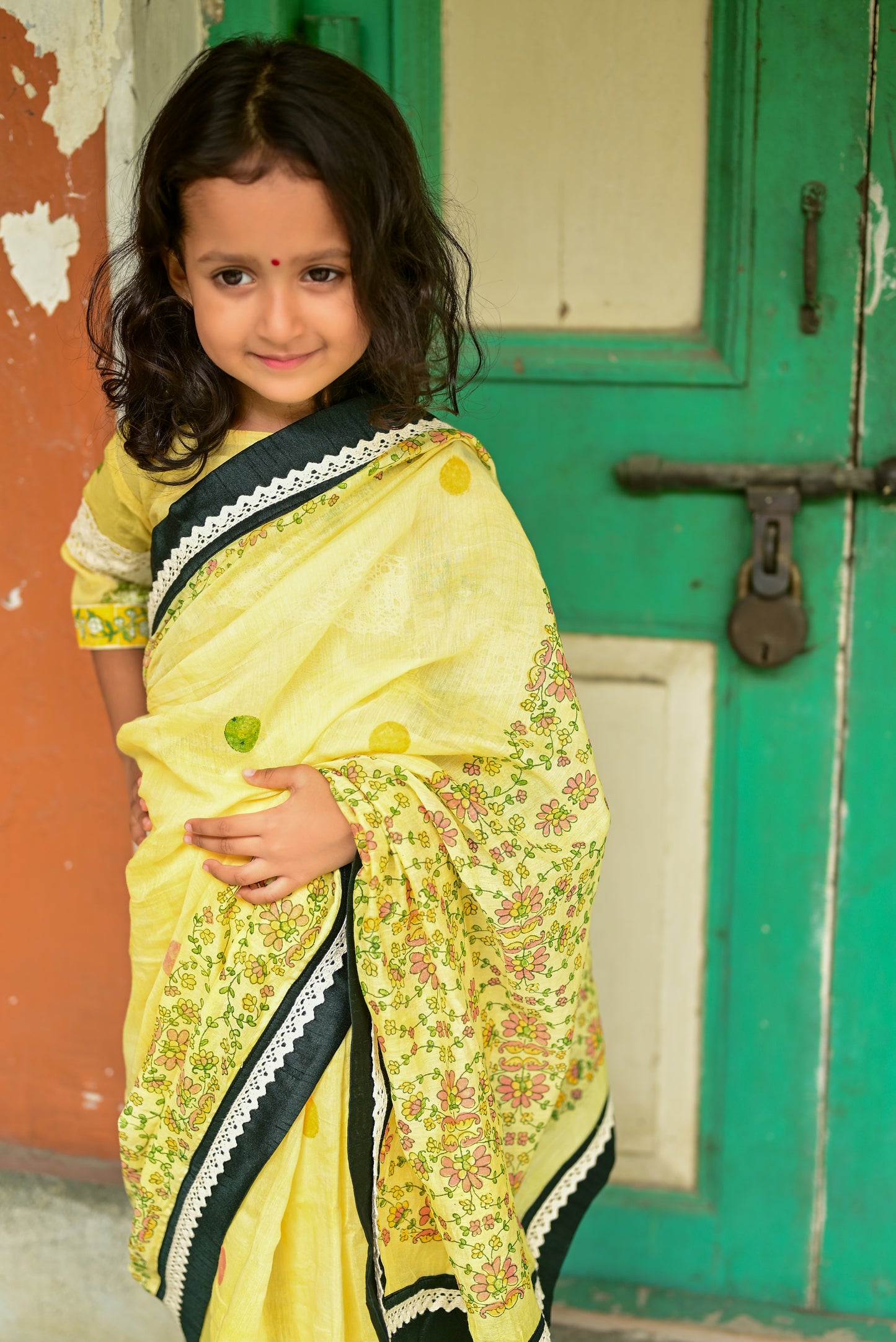 YELLOW KASHMIRI GUL  KIDS SAREE