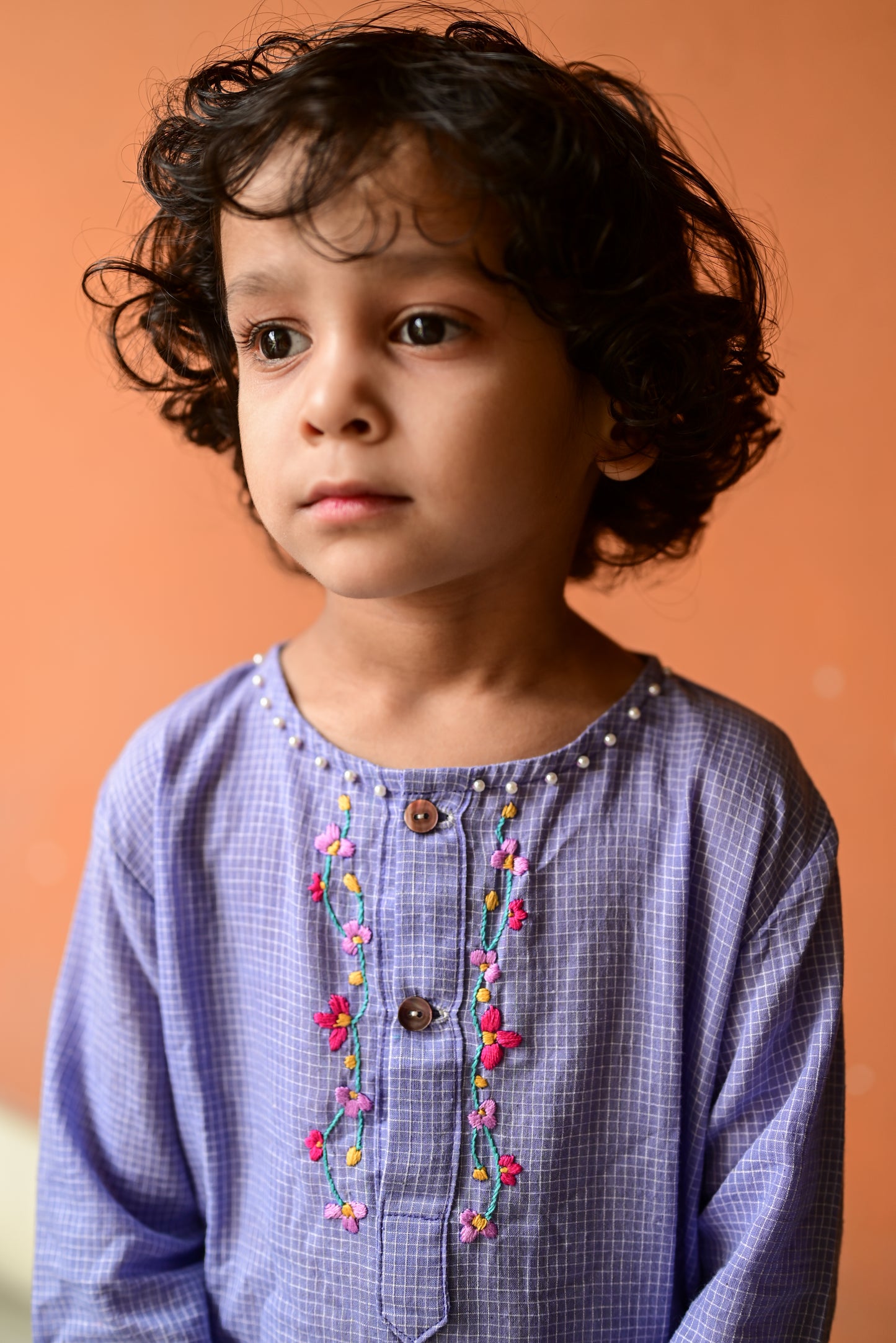 MAUVE CHECK EMBROIDERED KIDS KURTA- DHUTI SET