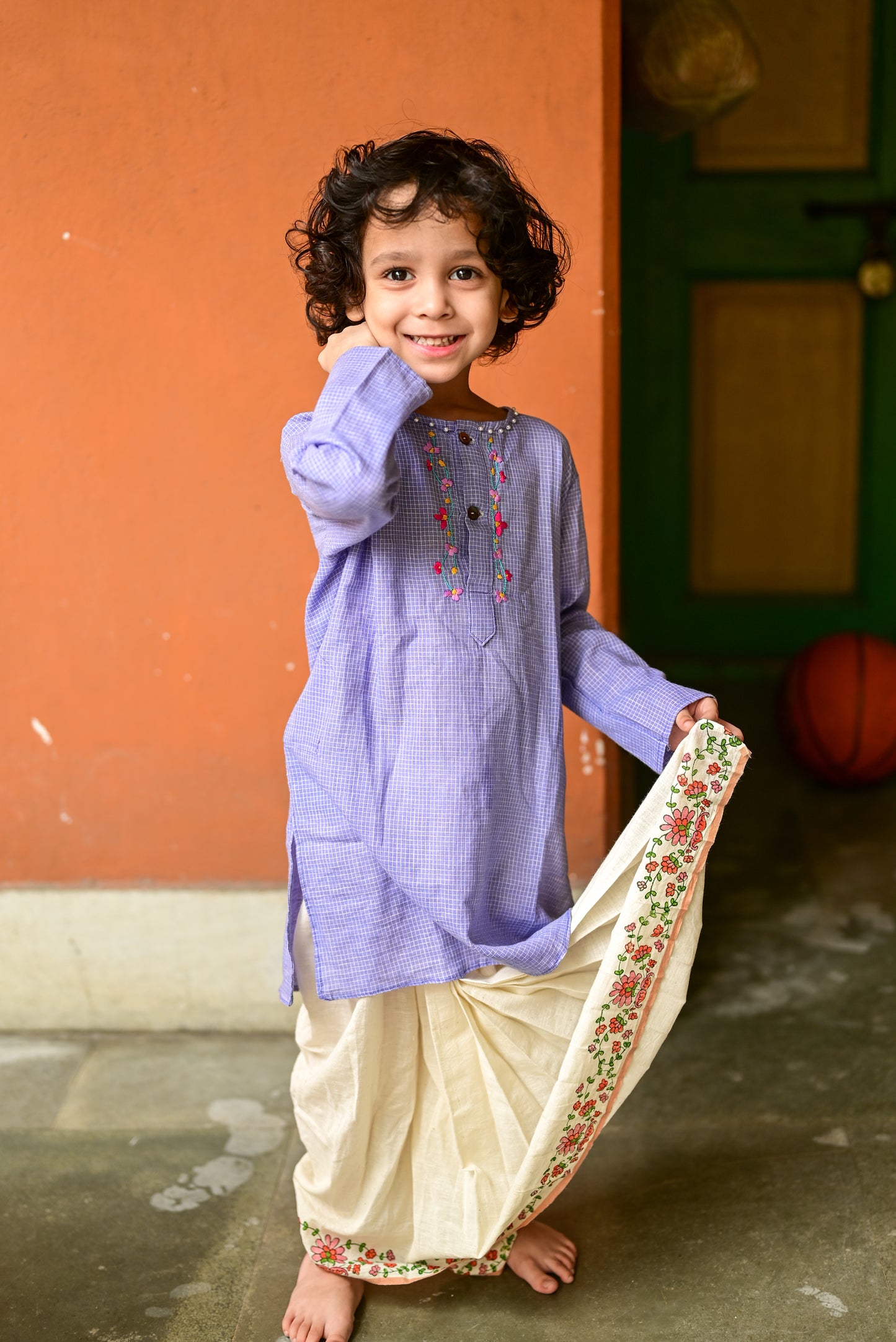 MAUVE CHECK EMBROIDERED KIDS KURTA- DHUTI SET