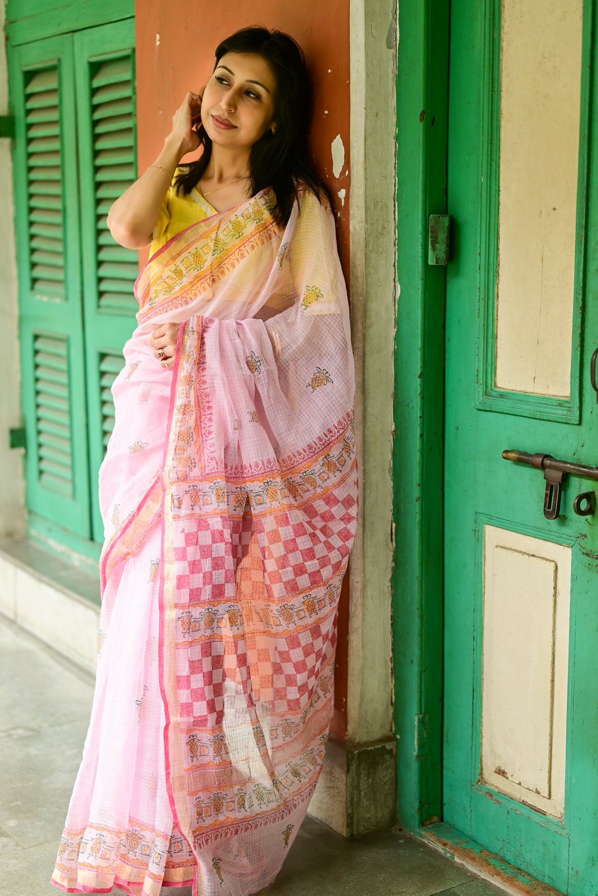 Pink Pineapple Print Kota Cotton Saree